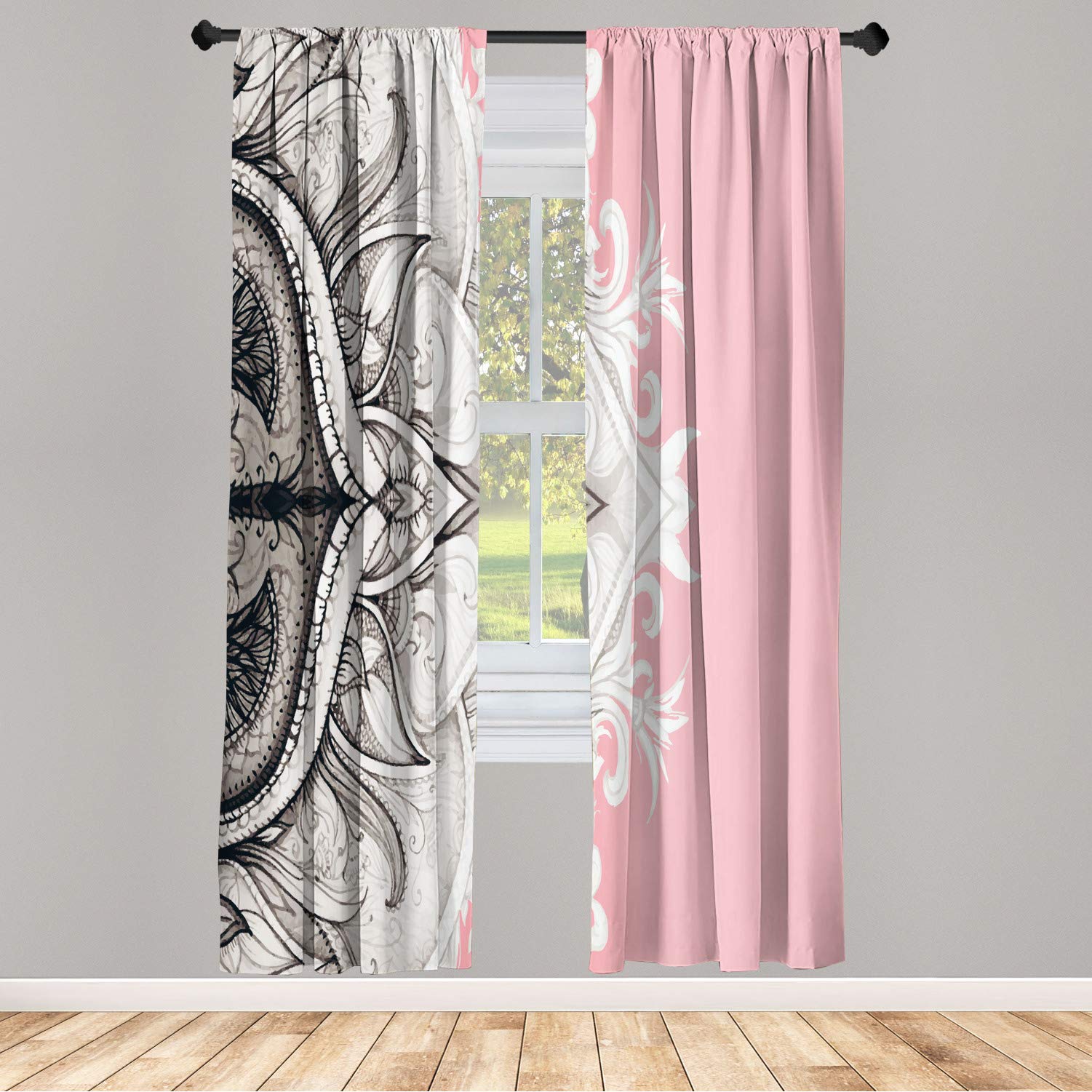 Ambesonne Mandala Window Curtains - Traditional Ornamental Lace Border with Swirled Flower Lines, Eastern Folk Art Design, Lightweight Decorative 2-Panel Set with Rod Pocket, 28
