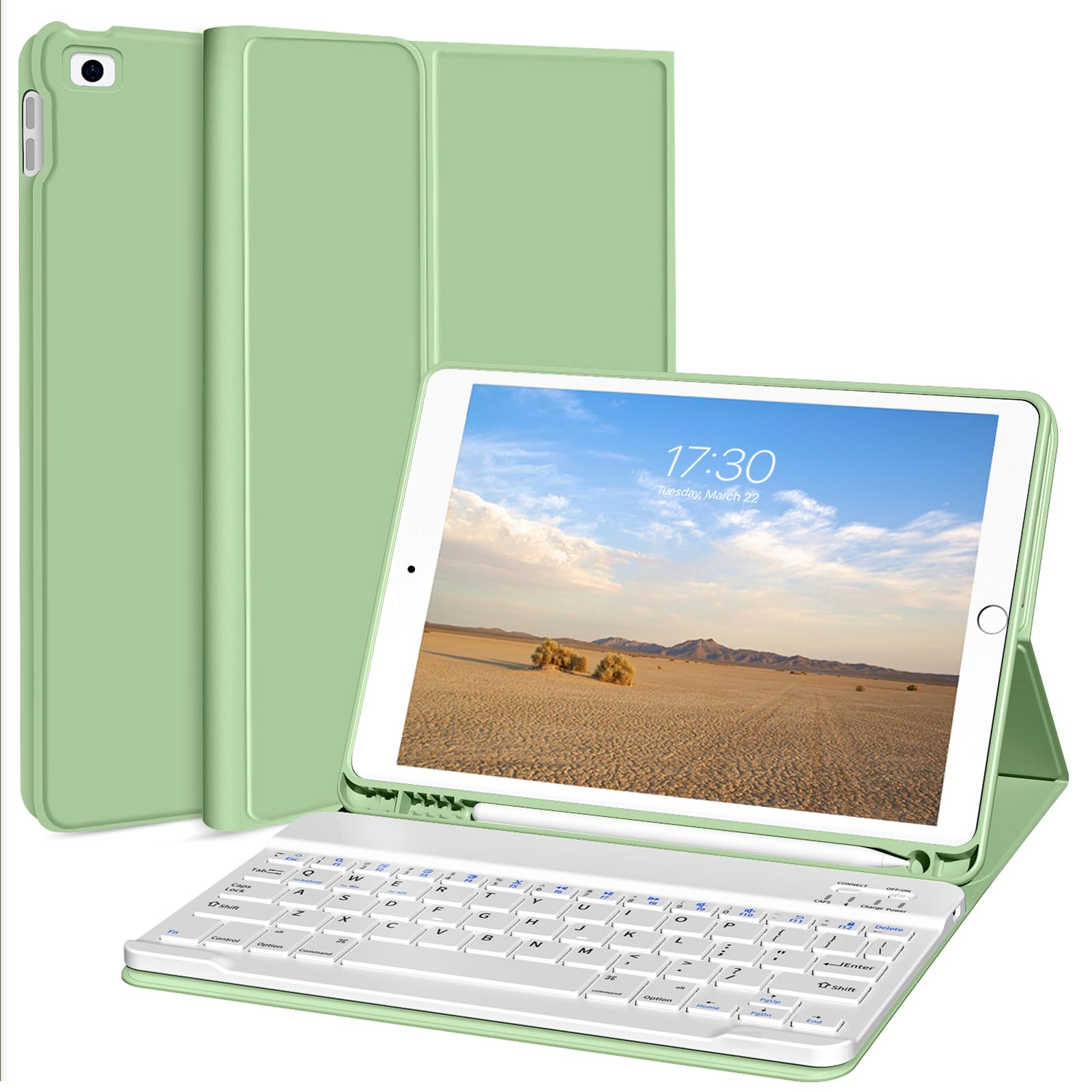 Kenke Ultra Slim Wireless Keyboard Case for iPad 9.7 inch (6th/5th Gen & Air 2/1) - Lightweight Smart Cover with Apple Pencil Holder & Magnetic Detachment - Green | Perfect for Work, Study & Travel