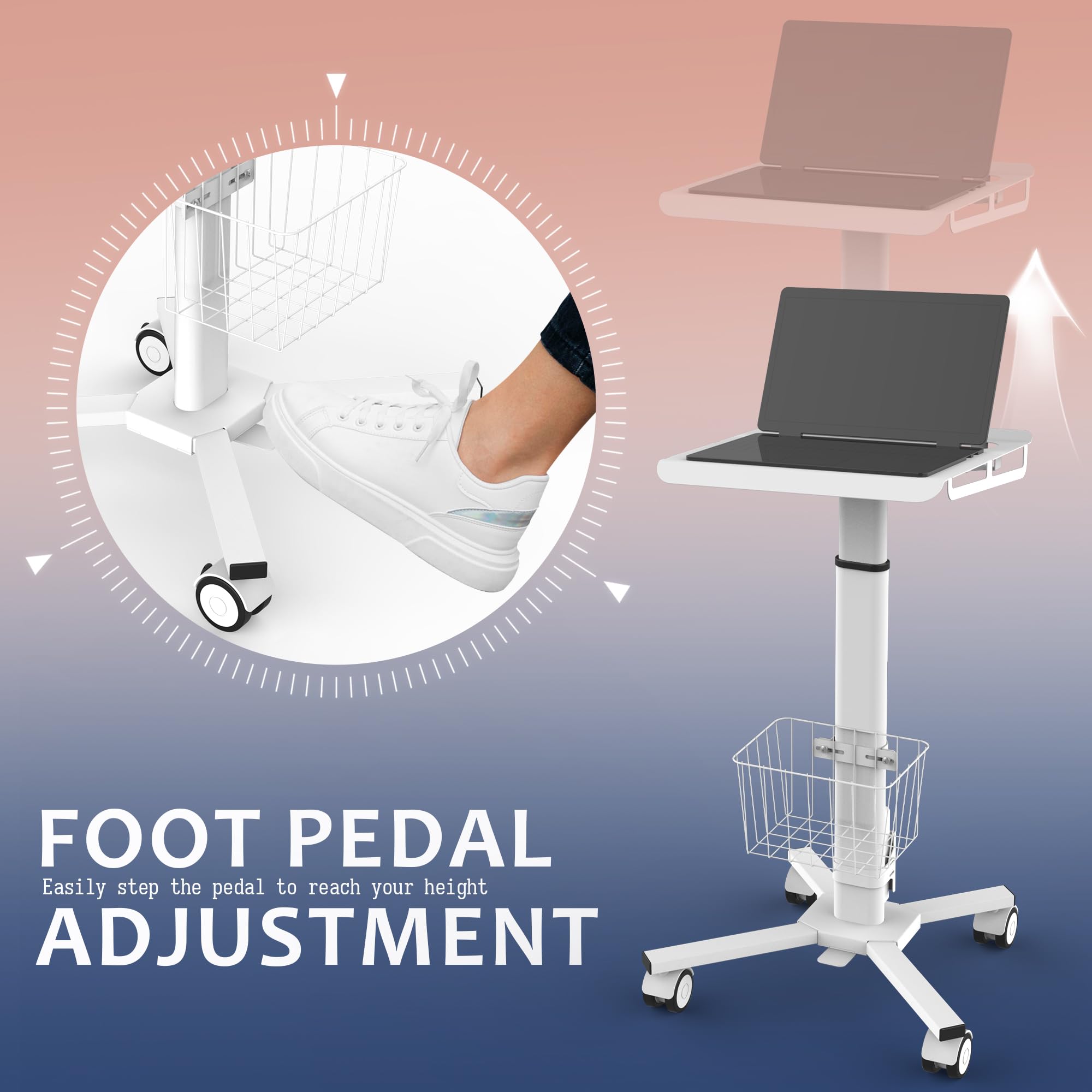 Adjustable Height Portable Laptop Desk with Wheels - White Mobile Computer Cart for Standing Workstation, Home Office, Medical Utility, and Classroom Use