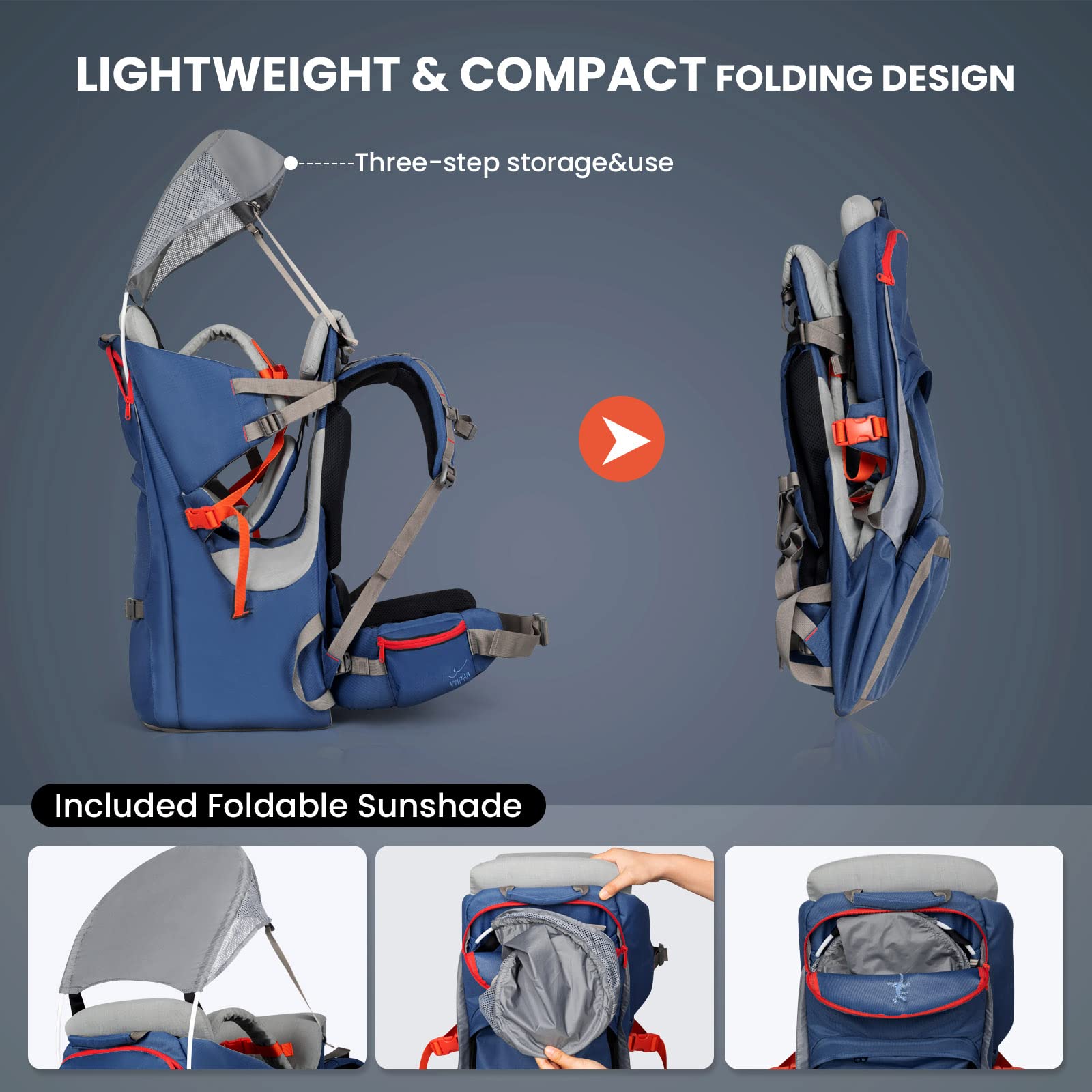 WIPHA Ergonomic Baby Backpack Carrier for Hiking & Travel with Sun Canopy - Adjustable Padded Child Seat, Large Storage & Insulated Pocket - Navy Blue - Perfect for Outdoor Adventures, Family Trips & Daily Walks