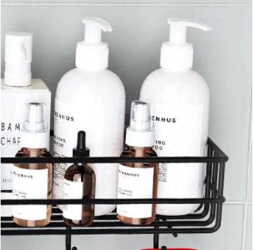 ZIVIK Shampoo Holder - 4 Hook Wall Mounted Bathroom Shelf, No Drill Floating Metal Shower Organizer for Toiletries Storage | Perfect for Small Bathroom, Kitchen & Shower Organization