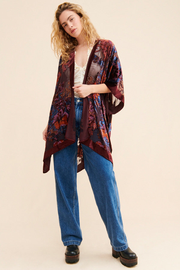 Burgundy Velvet Floral Kimono Robe - Elegant Loungewear for Women, Perfect for Spa Nights, Bridal Parties & Relaxing at Home
