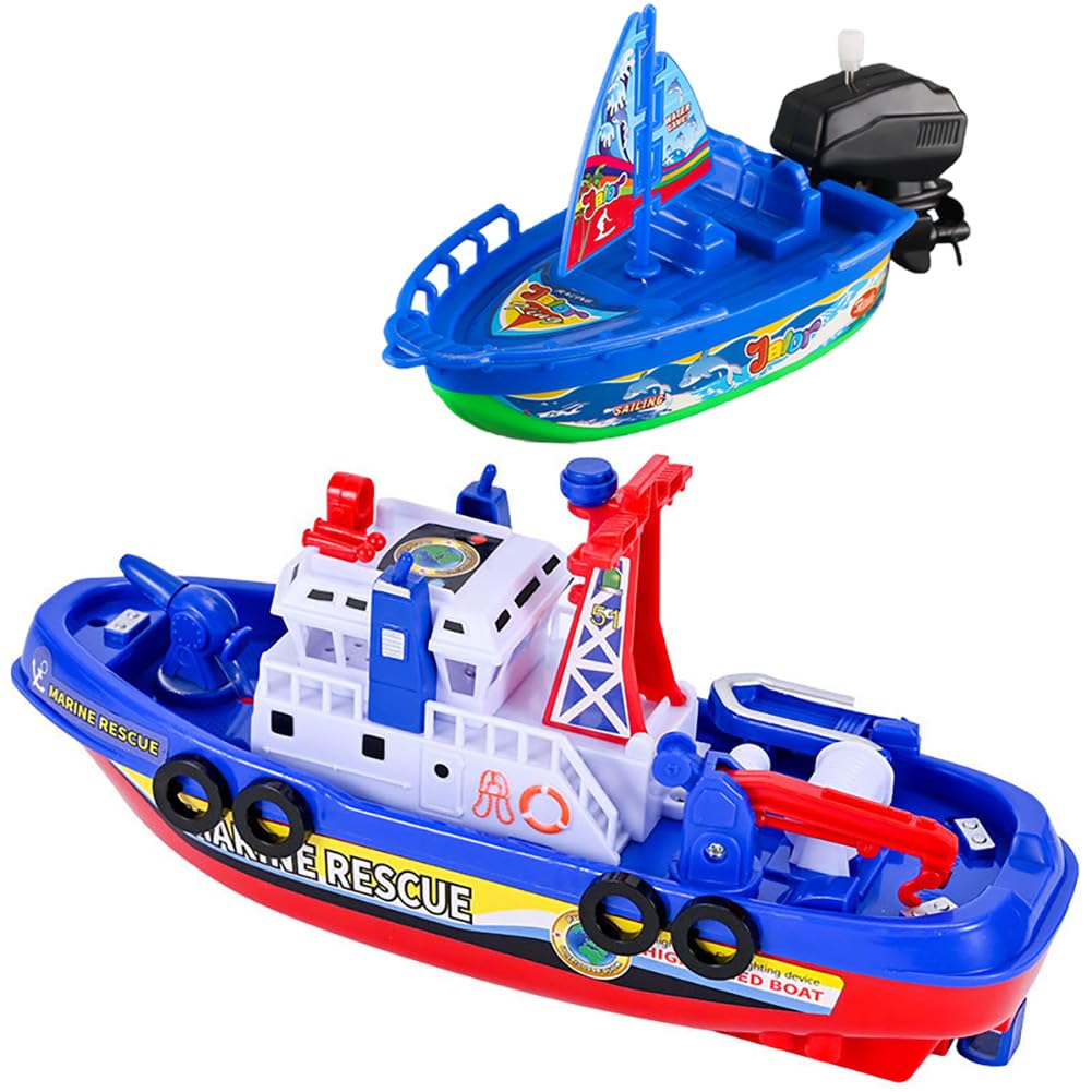 Electric Fireboat & Sailboat Toy Set with Sound & Light - Water Spray Fire-Fighting Ship & Wind-Up Sailing Boat Bath Toys for Kids | Marine Rescue Play, Pool & Bathtub Fun
