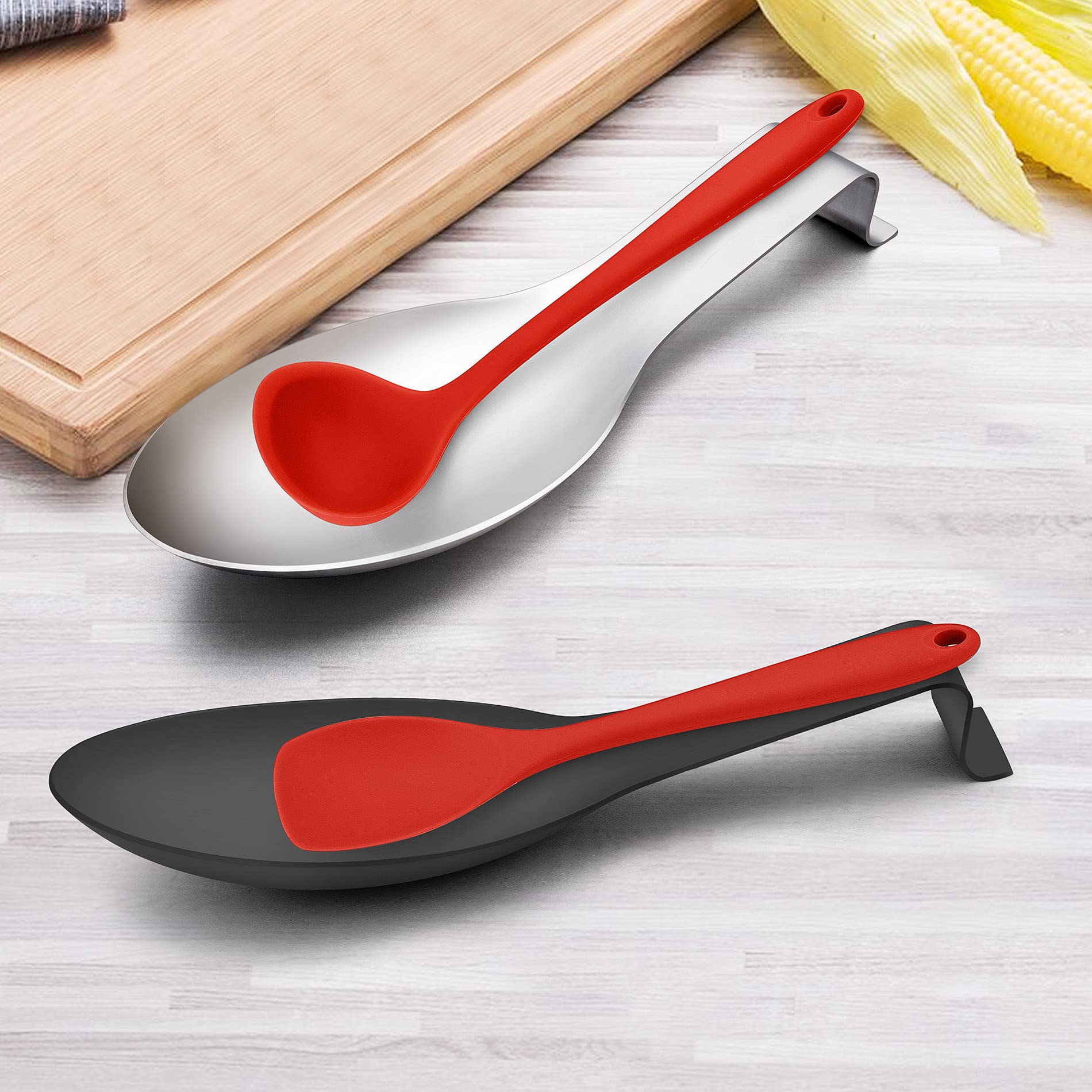 LIANYU 2-Pack Stainless Steel Spoon Rest Set - Black & Silver Kitchen Utensil Holder for Stove Top, Countertop - Dishwasher Safe - Perfect for Cooking, Serving, and Organizing Kitchen Tools