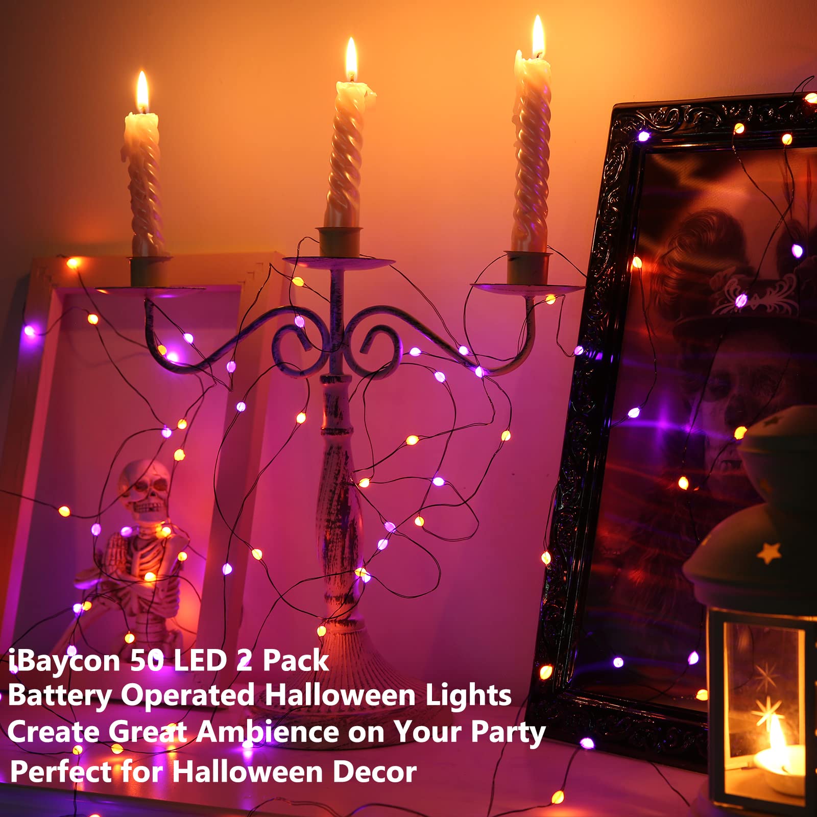 iBaycon 2 Pack 50 LED Halloween String Lights - 16.4ft Battery Operated Orange & Purple Waterproof Fairy Lights with 8 Modes & Timer - Indoor Outdoor Halloween Party Decorations for Yard, Porch, Window, Pumpkin Display
