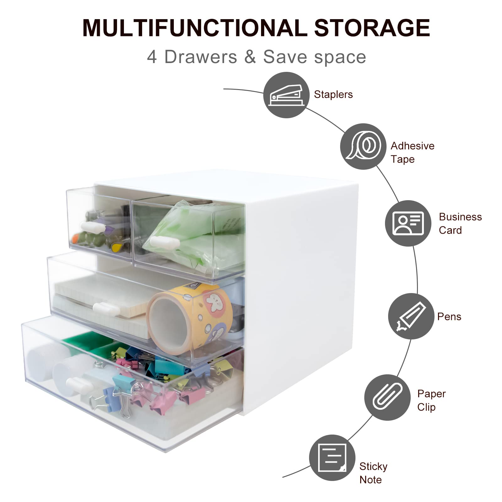 4-Drawer White Plastic Desk Organizer with Storage Box - Office, School & Home Stationery Supplies Organizer for Pens, Paper Clips & Small Accessories - Perfect for Workspace, Study Desk & Craft Room Organization