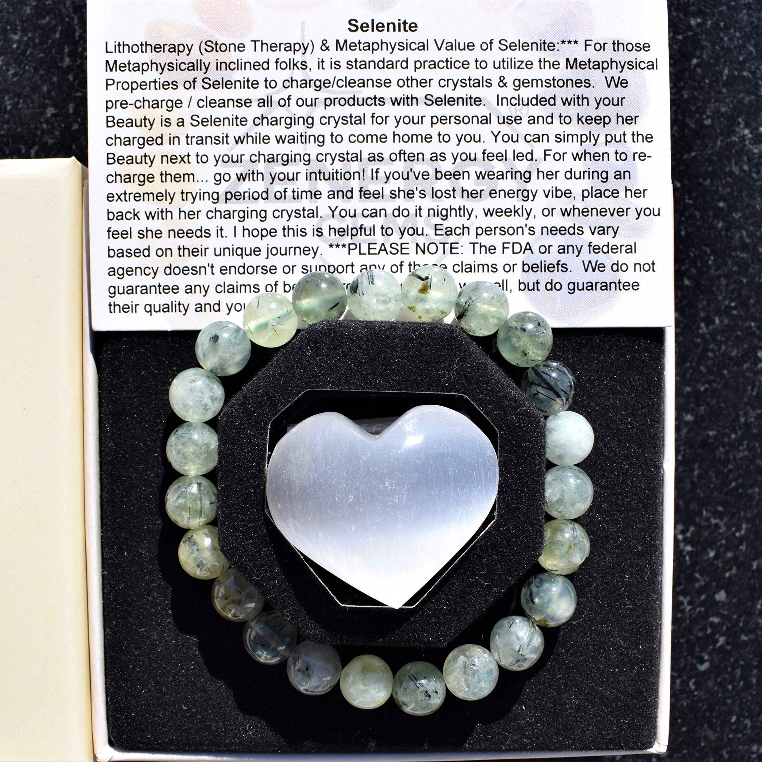 Zenergy Gems Charged Natural Prehnite 8mm Healing Bracelet with Selenite Charging Heart | Energy Cleansing & Chakra Balancing | Perfect for Meditation, Yoga & Spiritual Healing