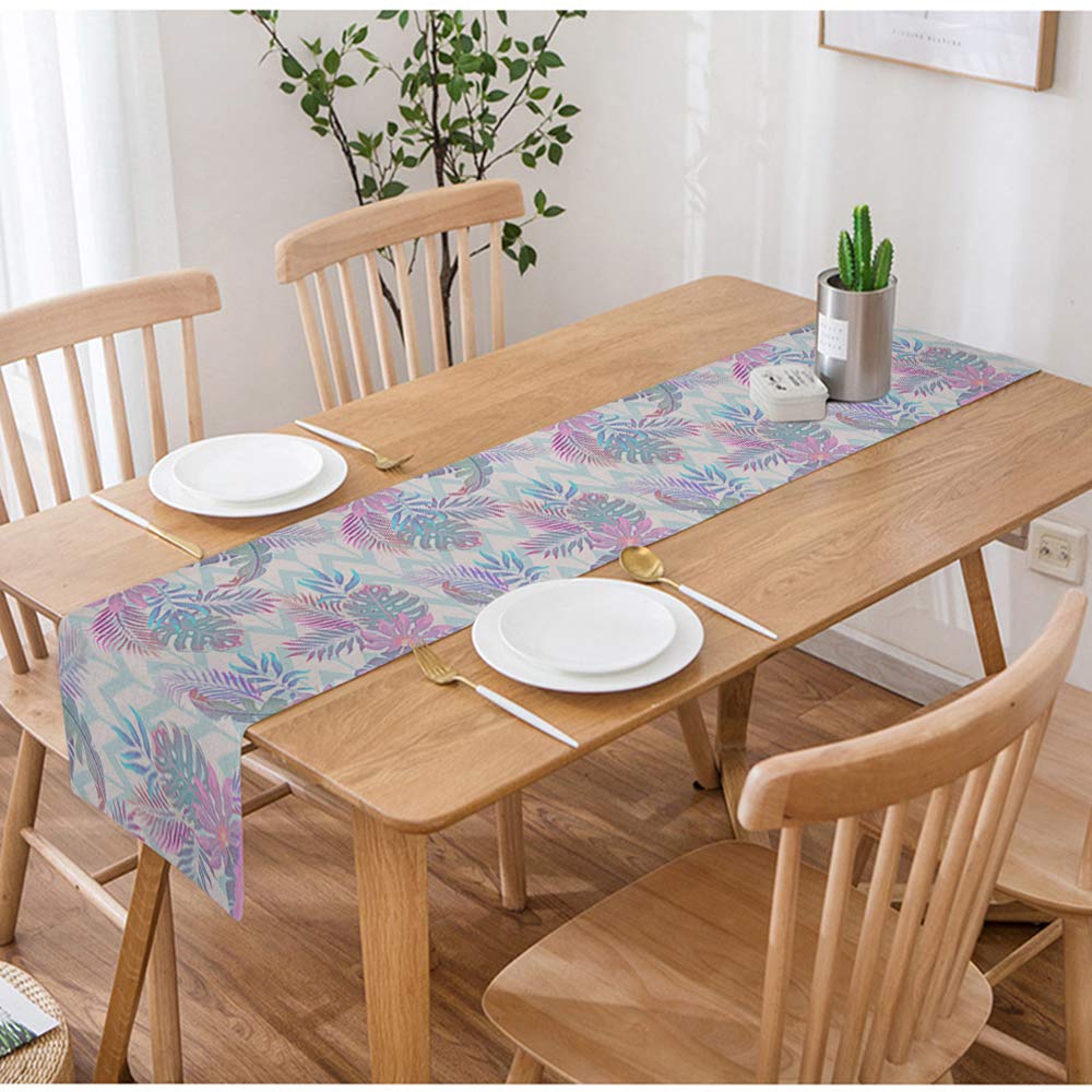 Swono Tropic Leaves Table Runner - Exotic Floral Geometric Cotton Linen Tablecloth for Kitchen, Coffee Table, Dining Room - Non-Slip 14x72 Inches - Perfect for Dinner Parties, Holiday Decor & Boho Home Decor