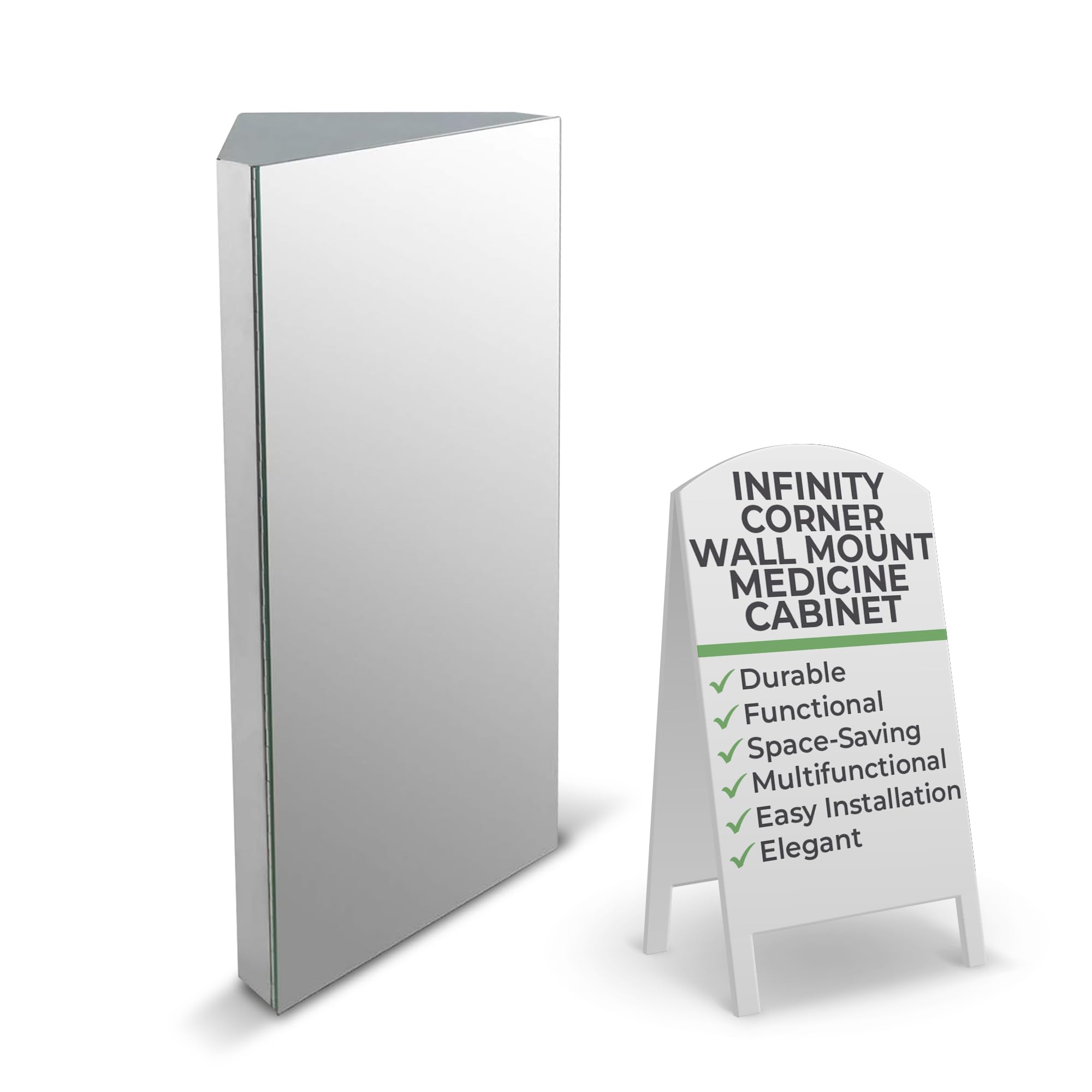 Renovators Supply Infinity Corner Medicine Cabinet with Mirror - Triple Shelf Storage, Modern Wall Mount Bathroom Cabinet - 23.6 Inch, Right Opening, Polished Stainless Steel (1 Pack) - Perfect for Small Bathrooms, Vanities & Space-Saving Storage Solutions