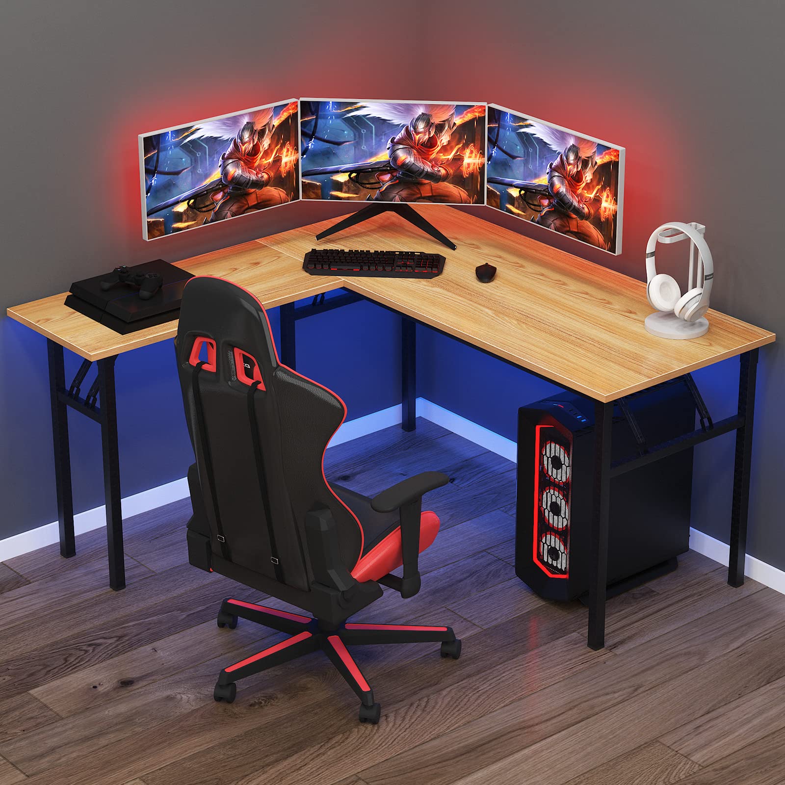 L Shaped Folding Desk - Reversible Home Office Computer Desk with Large Work Surface | Foldable Gaming Desk Workstation in Teak & Black | Perfect for Small Spaces, Remote Work & PC Gaming Setup