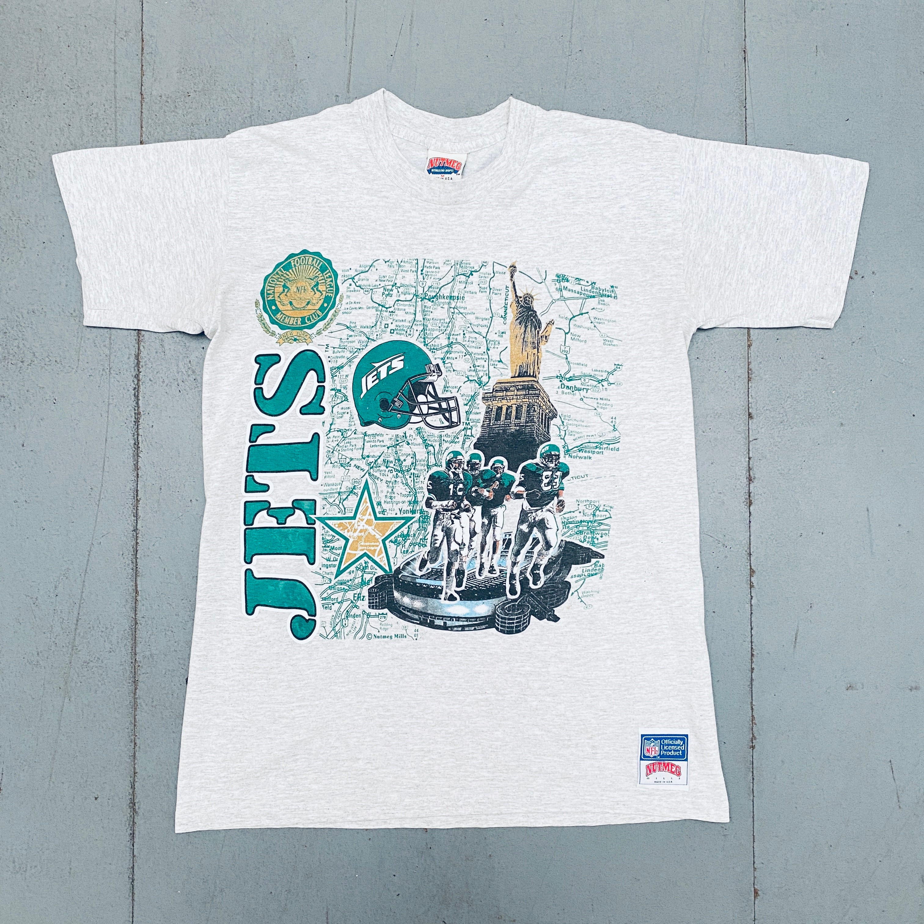 New York Jets 1990s Vintage Graphic Spellout Tee - Nutmeg Mills NFL Football Fan Jersey (S/M) - Perfect for Game Day, Tailgating & Retro Sports Fashion