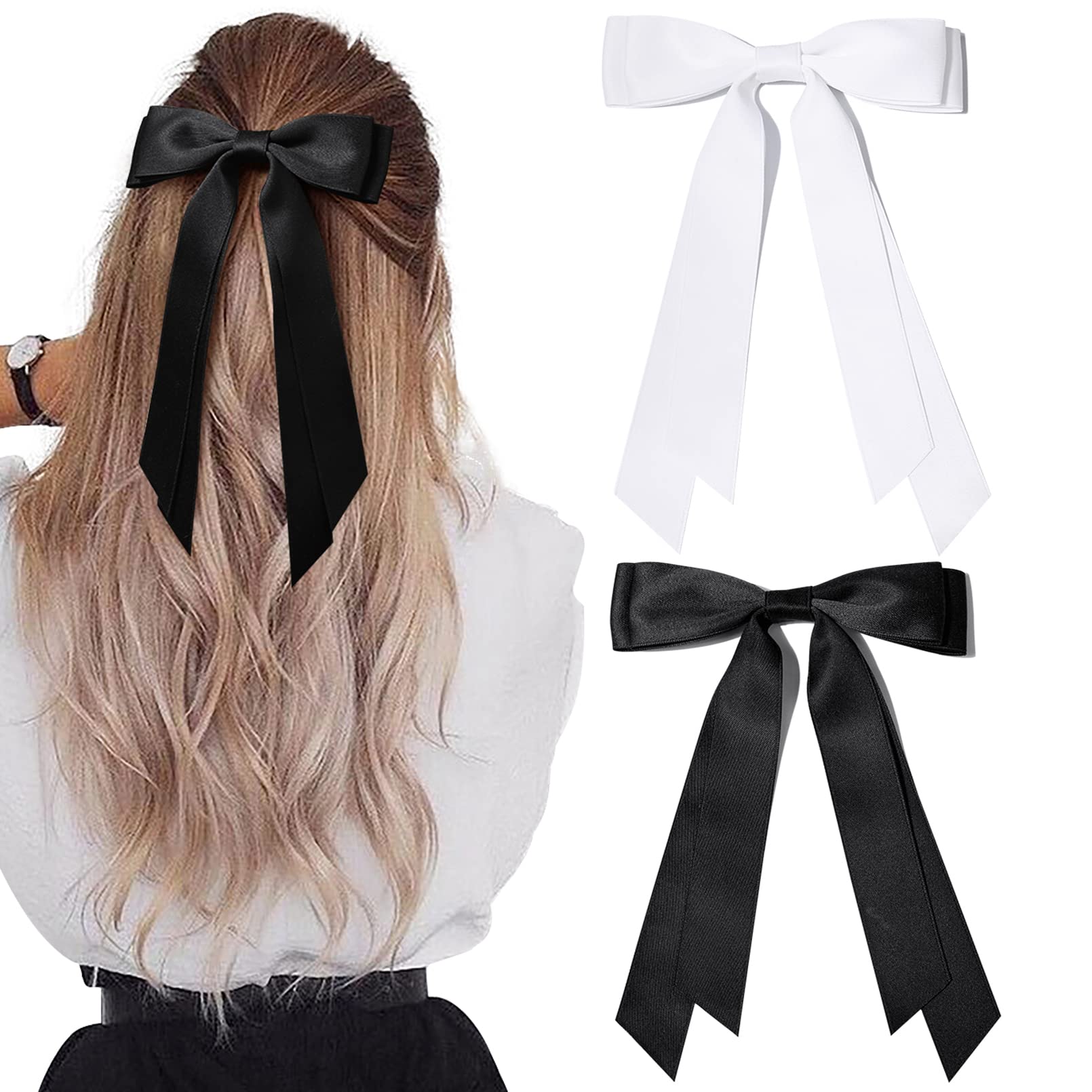 2PCS Silky Satin Hair Bows - Black & White Hair Clips with Metal Slides | Ponytail Holder Ribbon Accessories for Women, Girls, Toddlers & Teens | Perfect for School, Parties, Weddings & Everyday Wear