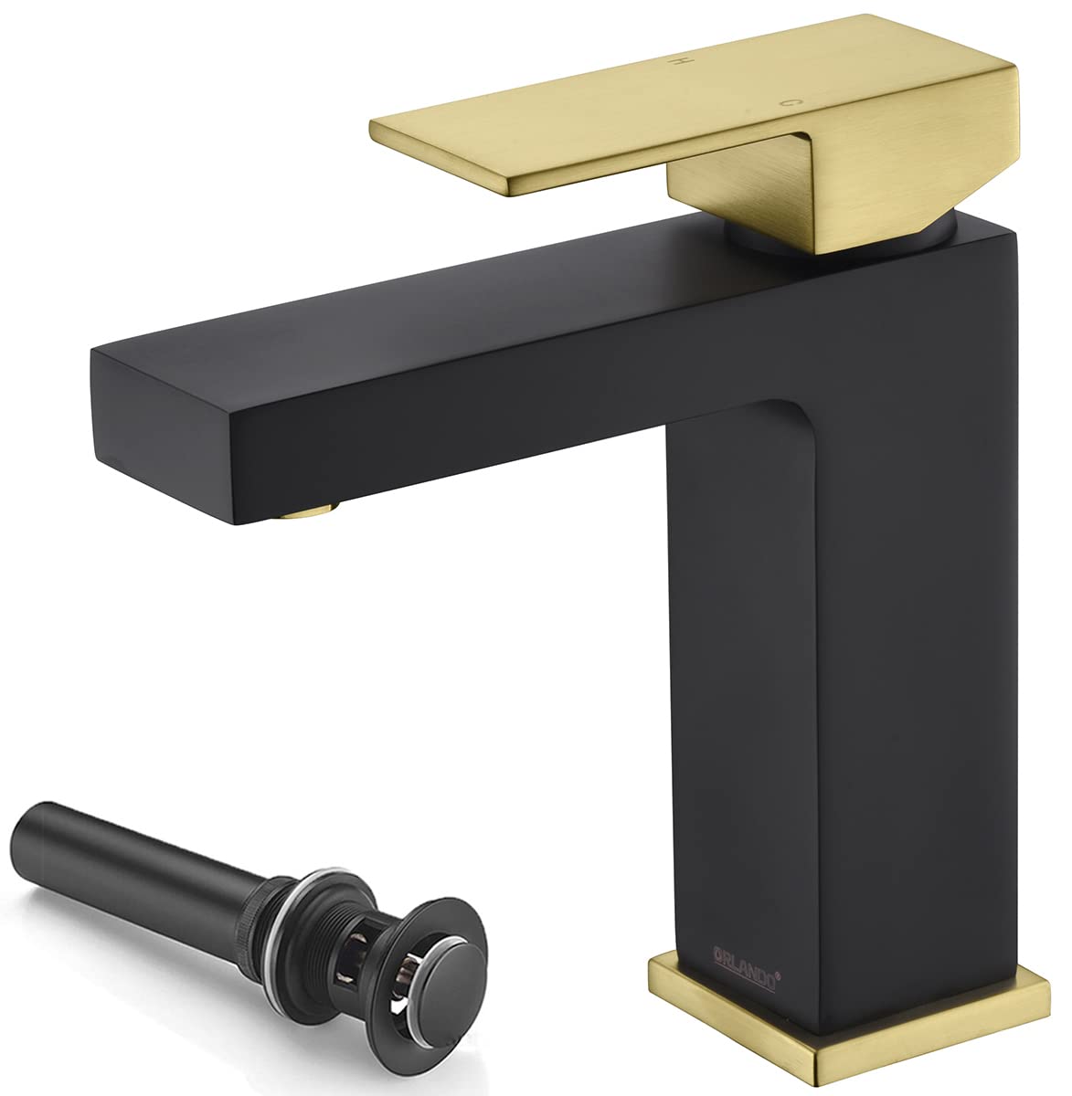 Modern Brass Bathroom Sink Faucet - Gold & Black Single Hole Bathroom Faucet with Pop-up Drain & Supply Lines - Elegant Single Handle Vanity Faucet for Bathroom, Powder Room & Guest Bath Renovation