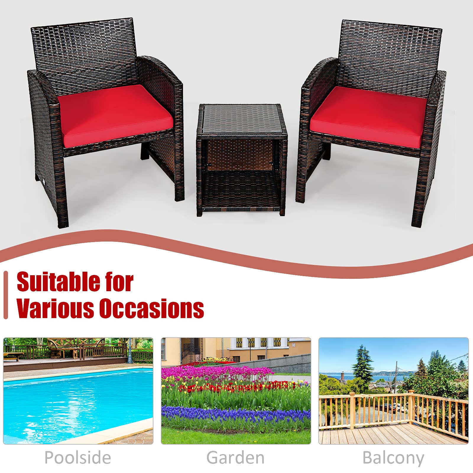 Tangkula 3-Piece Outdoor PE Rattan Patio Furniture Set with Chair & Storage Coffee Table - Waterproof Wicker Conversation Set, Detachable Cushions, Sturdy X-Shaped Frame - Perfect for Garden, Backyard, Poolside, Deck or Balcony (Red) - Ideal for Relaxing, Entertaining & Outdoor Dining