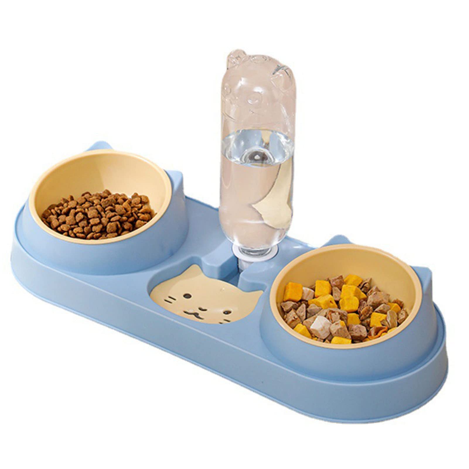 Double Pet Bowls with Water Dispenser - Tilted Cat & Dog Food Dishes for Indoor Pets - Durable Wet & Dry Food Bowl Set - Easy to Detach - Perfect for Home, Kitchen or Travel Use