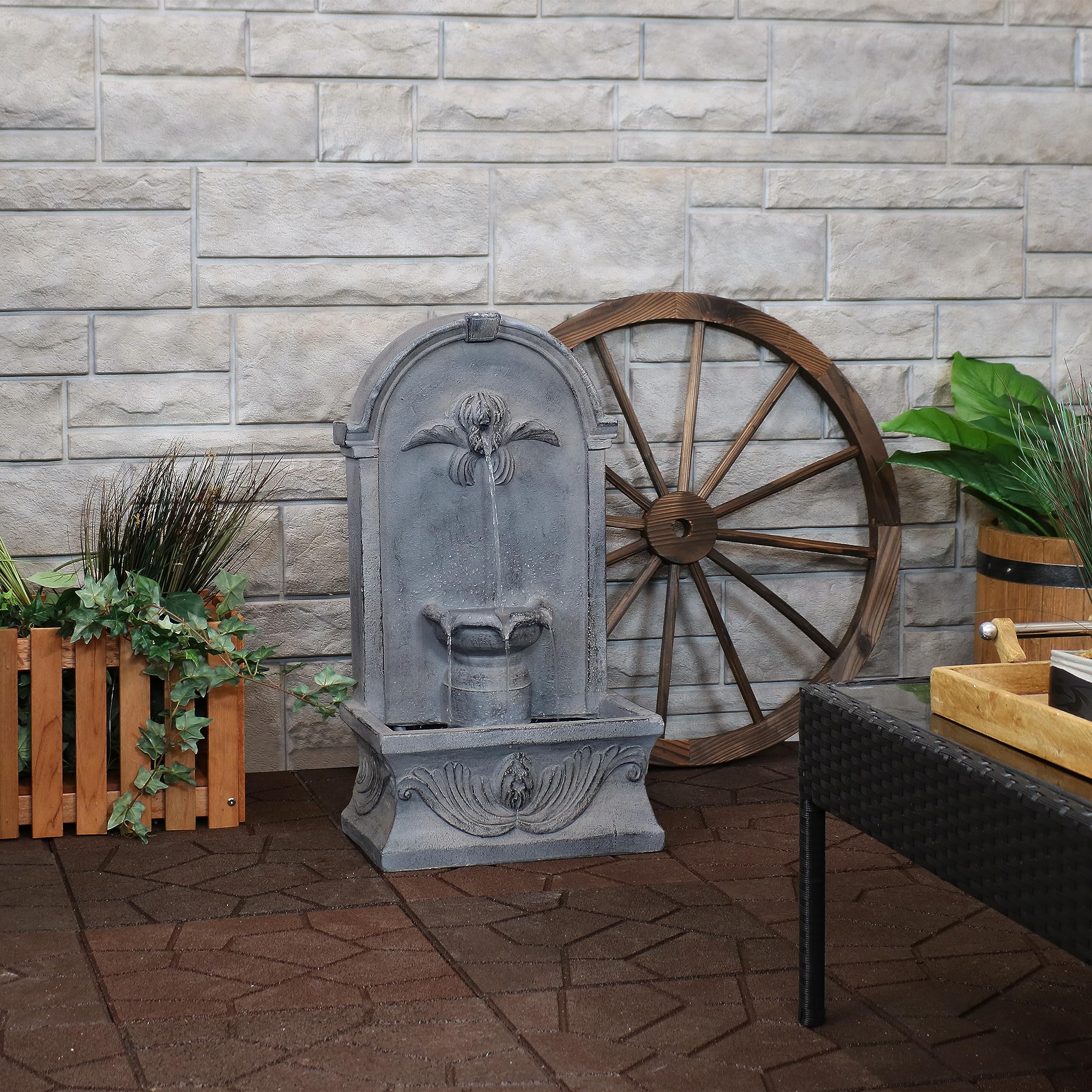 28-Inch French-Inspired Outdoor Flat Back Water Fountain - Durable Glass Fiber Reinforced Concrete - Perfect for Garden, Patio, and Backyard Decor