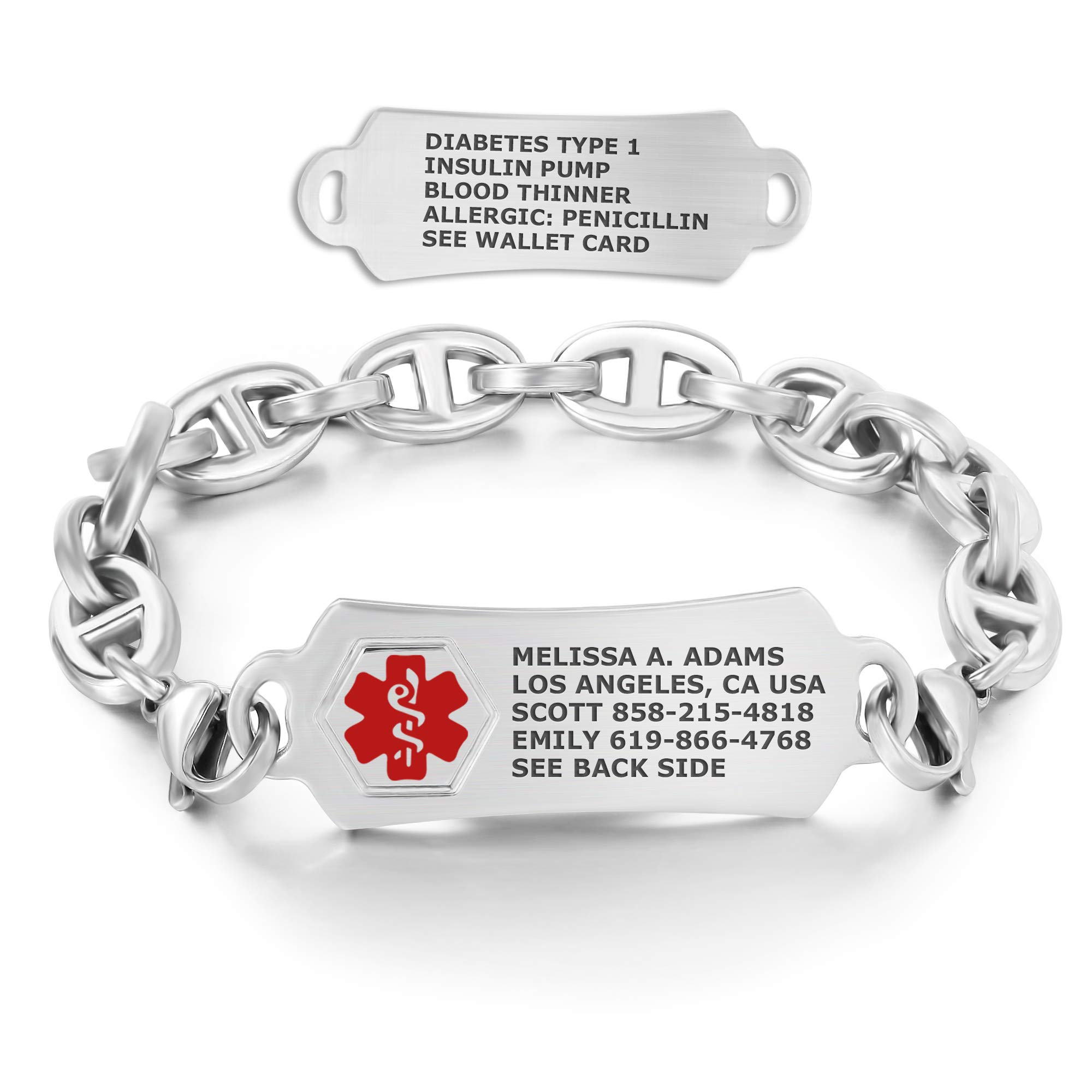Divoti Custom Engraved Medical Alert Bracelets for Men - Stainless Steel Medical ID Bracelet with Free Engraving - Rectangular Tag with H Link - Perfect for Diabetes, Allergies & Emergency Identification (Style & Size Options)