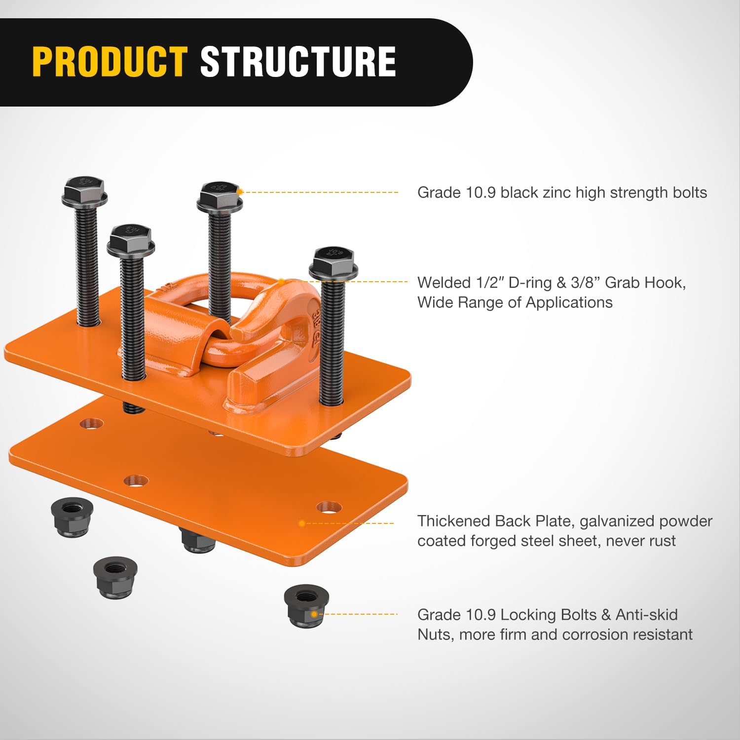 Heavy Duty Tractor Bucket Hooks with Tie Down Ring - Orange (Pair) - Durable Farm Equipment Accessories for Lifting, Hauling & Securing Loads