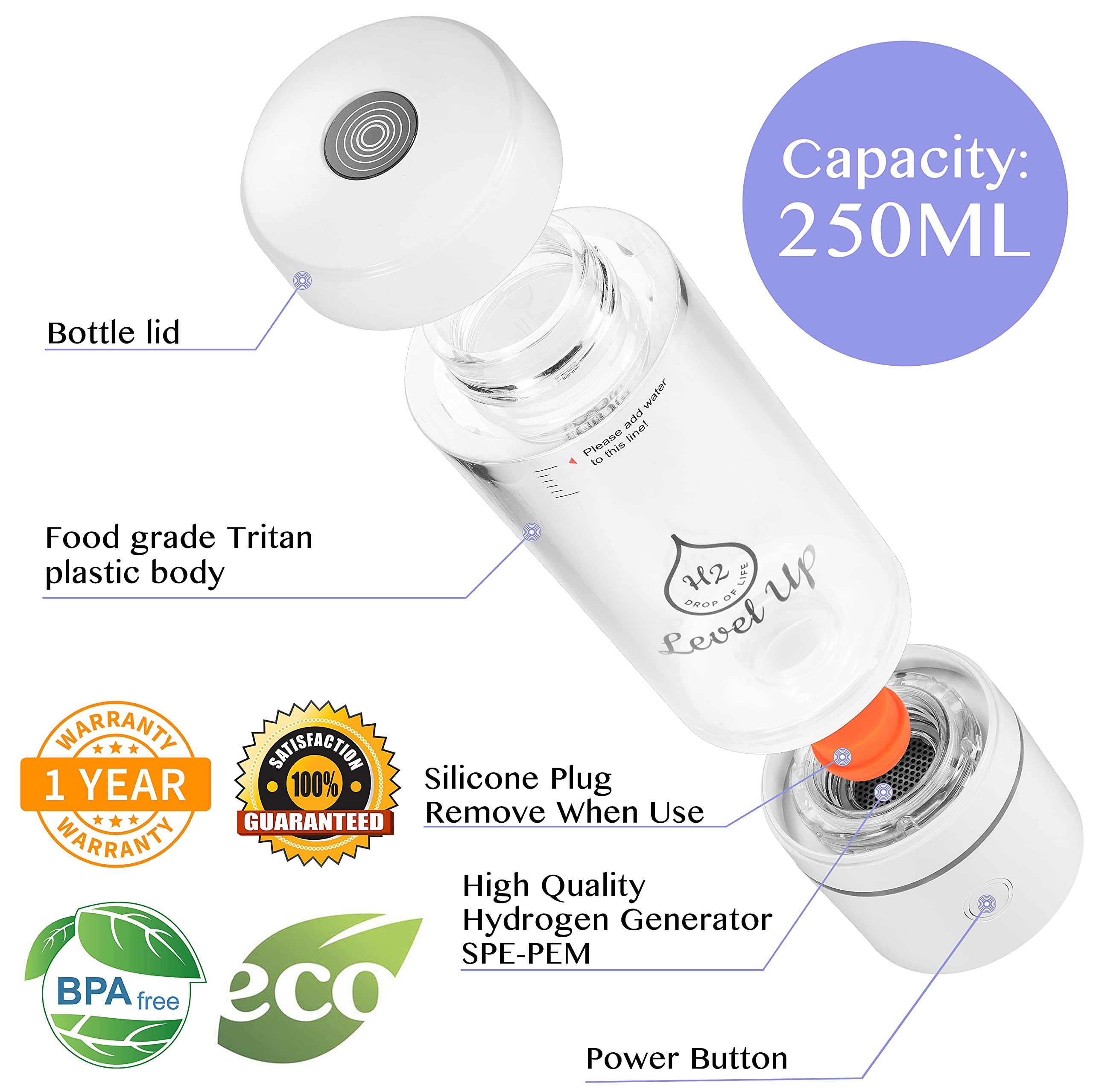 Premium Hydrogen Water Bottle Generator - 4000 PPB SPE PEM Technology by DuPont - Portable Hydrogen Infuser for Health & Wellness - Perfect for Travel, Gym, and Daily Hydration