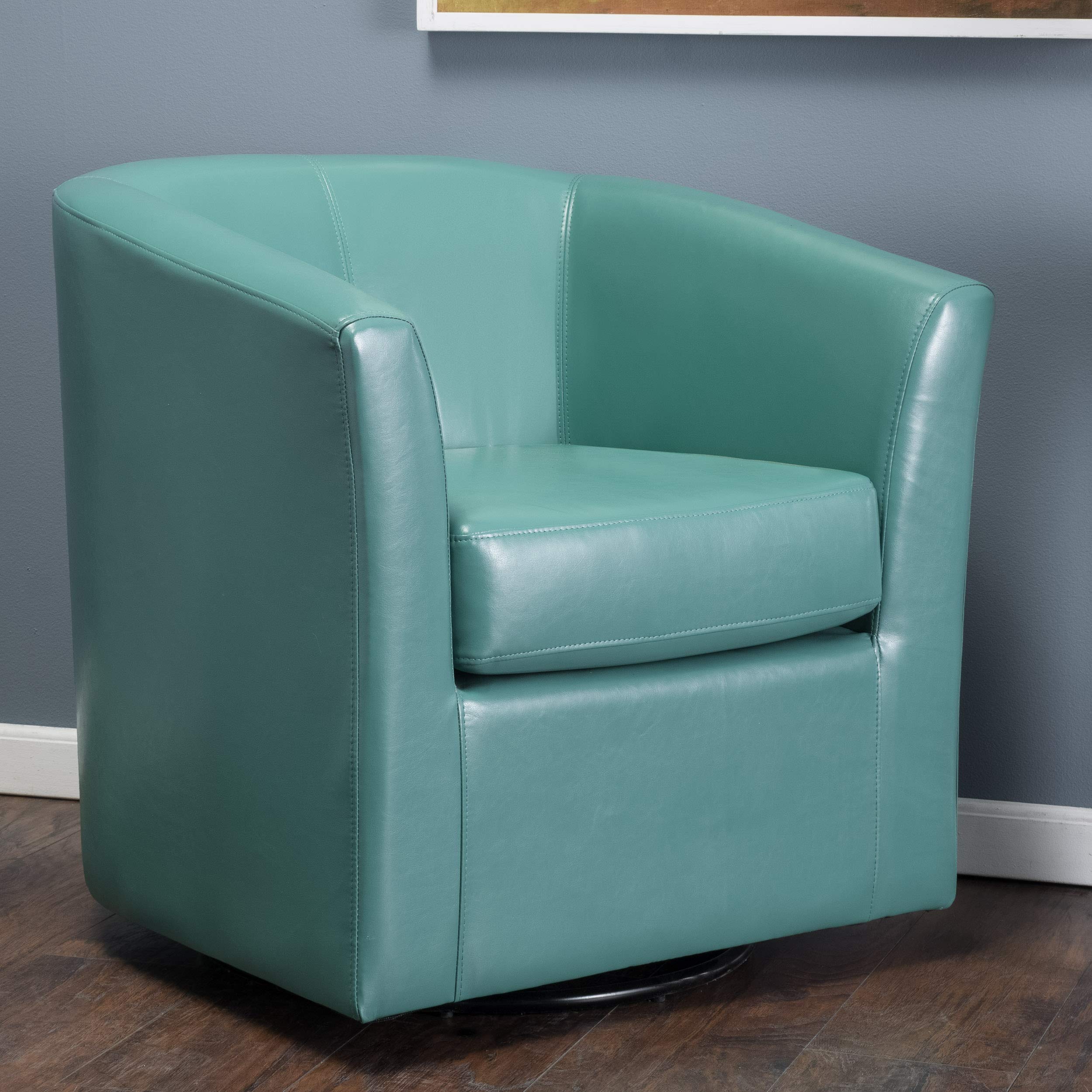 GDFStudio Genuine Leather Swivel Club Chair - Turquoise Upholstered Living Room Accent Chair for Home Office, Lounge & Reading Nook