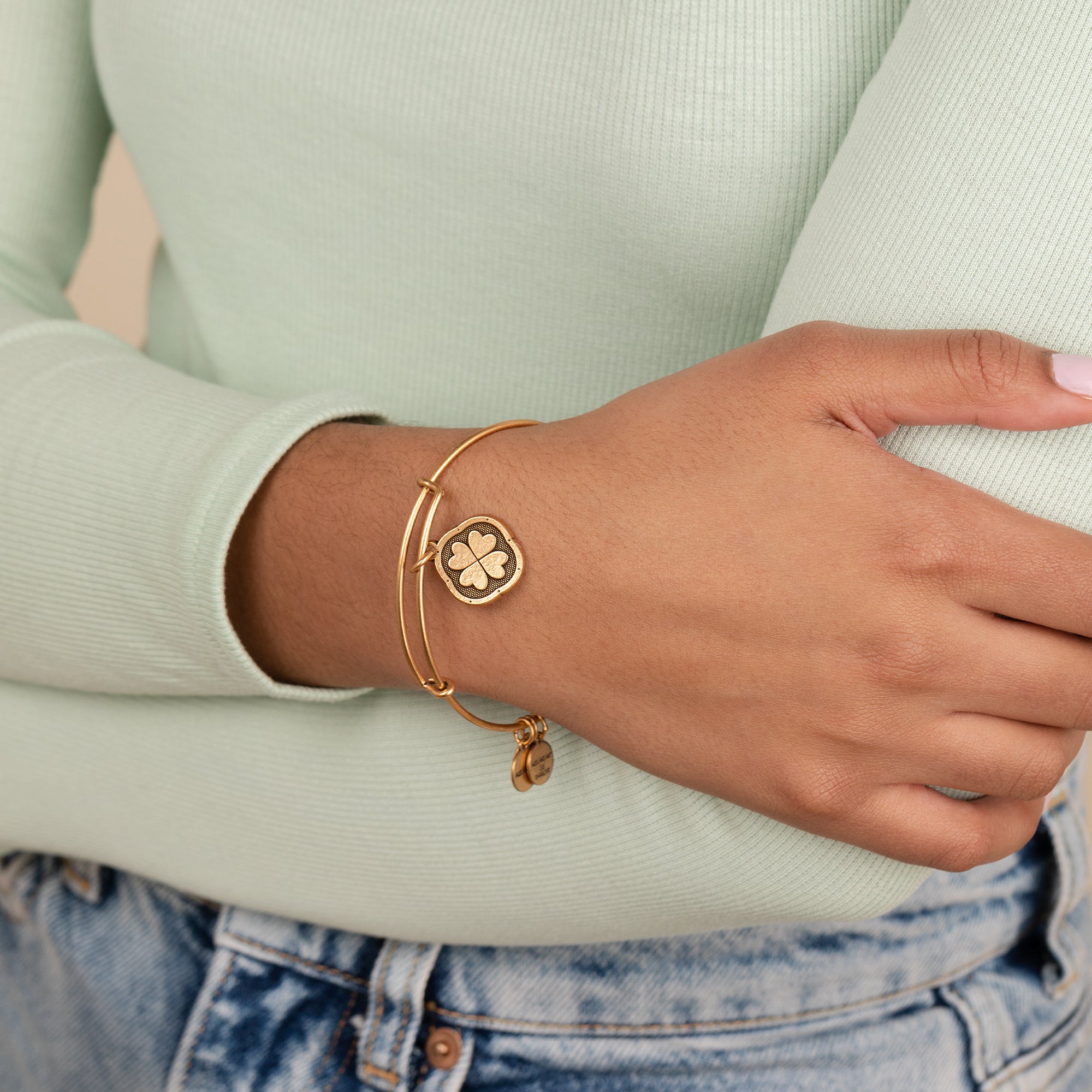 Four Leaf Clover Charm Bangle Bracelet - Lucky Irish Jewelry for Women, Sterling Silver Clover Pendant Wristband | Perfect for St. Patrick's Day Gifts, Birthday & Good Luck Charm