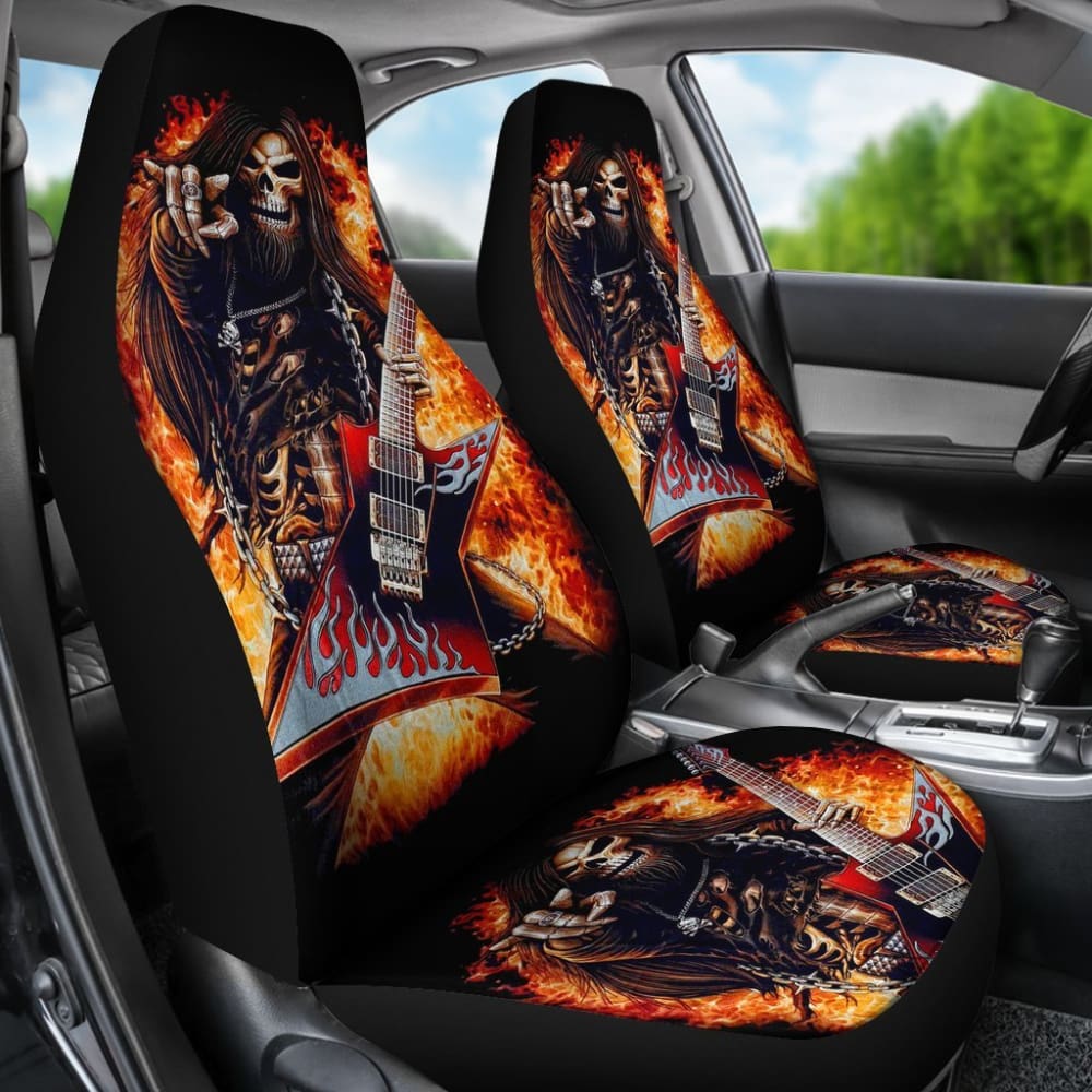 2 Pcs Gothic Skull Guitar Car Seat Covers - Universal Fit for Cars, Trucks & SUVs - Unique Skull Design for Rock Music Lovers - Perfect for Concerts, Road Trips & Gothic Decor