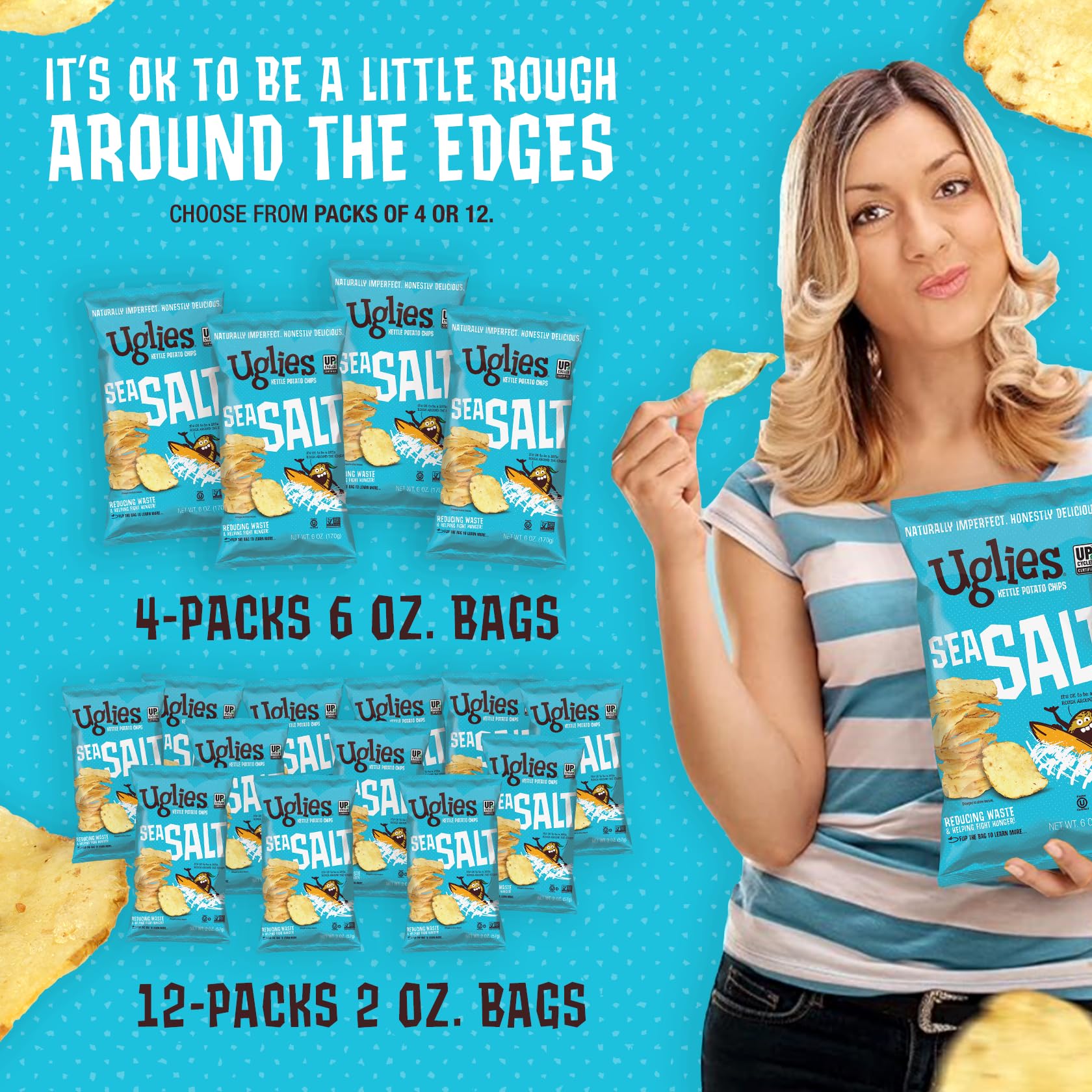 UGLIES Kettle-Cooked Potato Chips - Gluten Free, Kosher Certified, Non-GMO Snacks - Sea Salt Flavor, 6 Oz Individual Packs (Pack of 4) - Perfect for School Lunches, Office Snacking & On-the-Go Healthy Treats