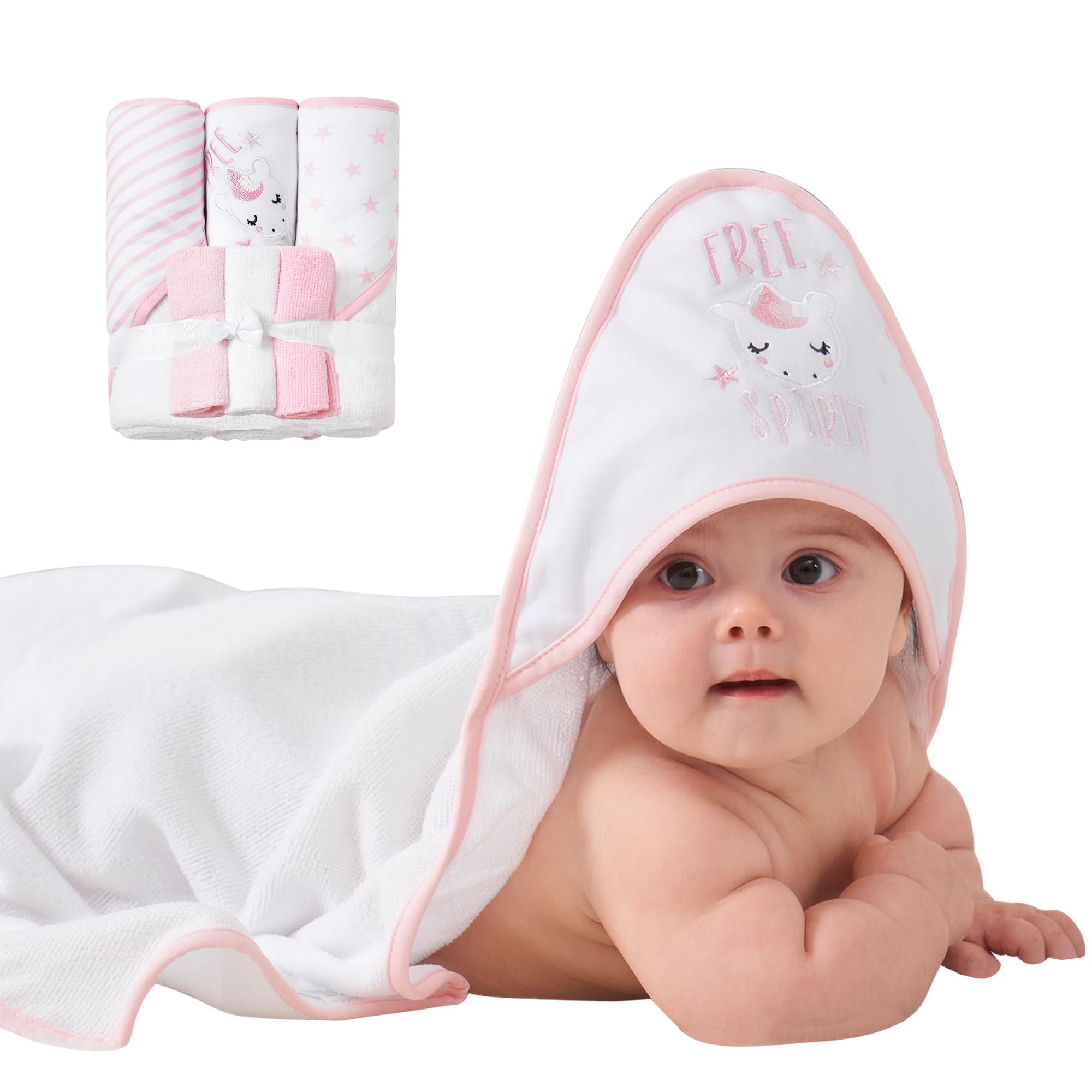 Viviland 6-Pack Baby Hooded Towels and Washcloths Set - Super Soft Absorbent Bath Towels for Newborns & Toddlers - 28x28 Inch Pink Unicorn Design - Perfect for Bath Time, Swimming, and Baby Showers