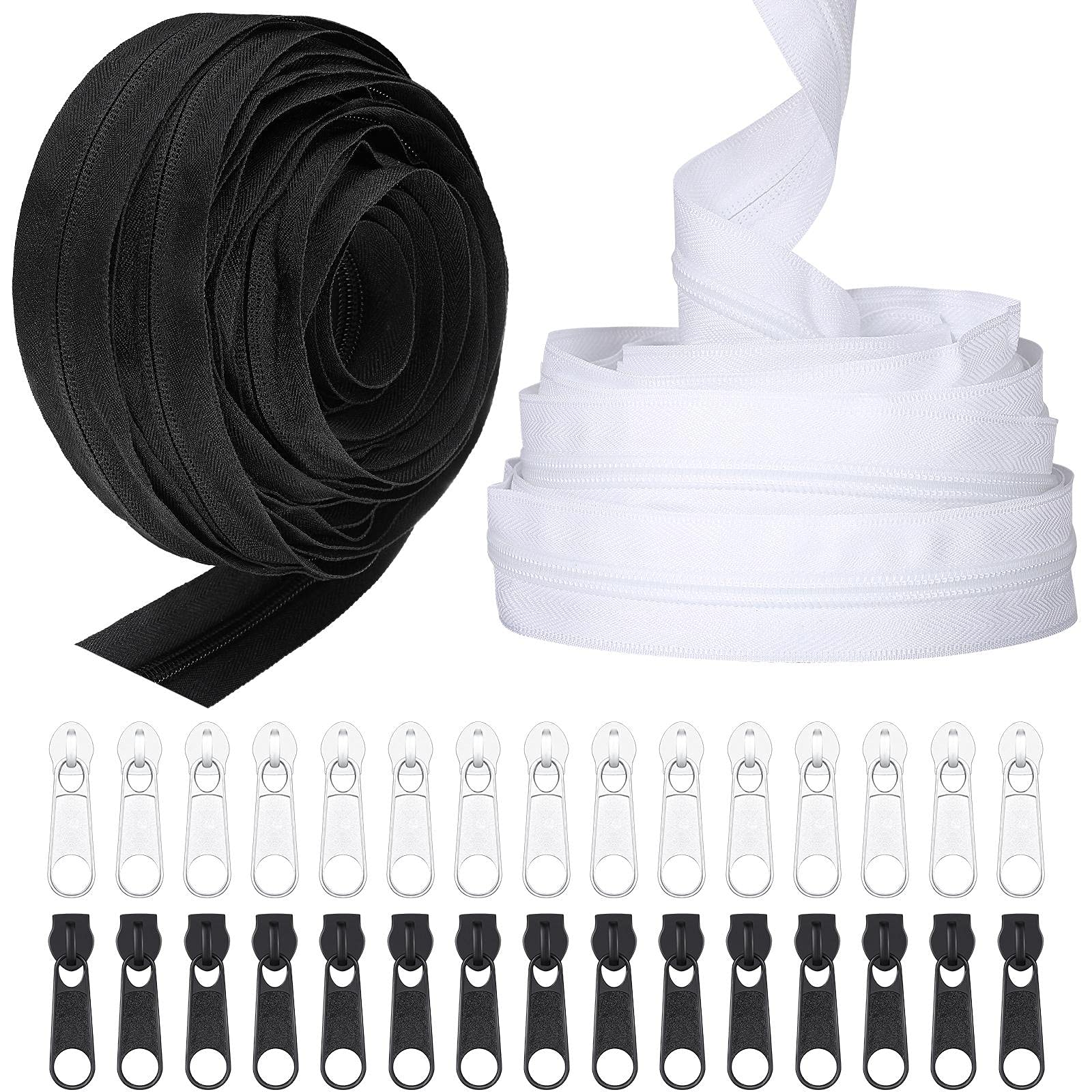 20 Yards Bulk Nylon Coil Zippers with 30 Metal Sliders - #5 Size (Black & White) for DIY Sewing, Tailoring, Bags & Crafts - Perfect for Dressmaking, Backpacks, Upholstery & Fashion Accessories