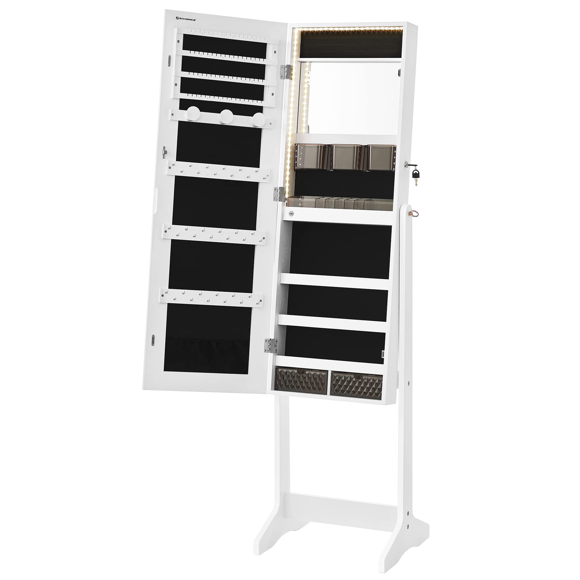 SONGMICS Full-Length LED Jewelry Cabinet with Mirror - White Standing Armoire Organizer with 2 Drawers & Lock, Frameless Design for Bedroom & Closet Storage | Perfect for Jewelry Display, Makeup Vanity & Home Decor