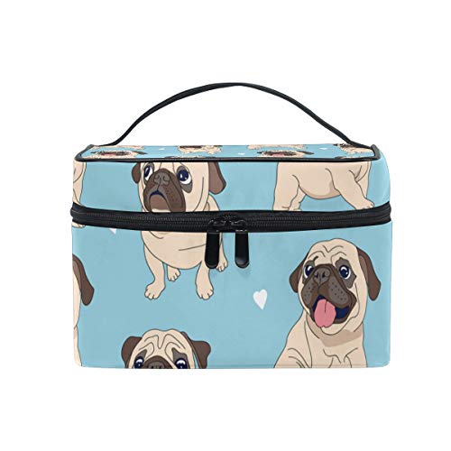 Funny Cartoon Pug Dog Cosmetic Bag - Blue Background Travel Makeup Organizer, Portable Toiletry Storage Case for Women | Perfect for Travel, Gym, and Daily Beauty Essentials