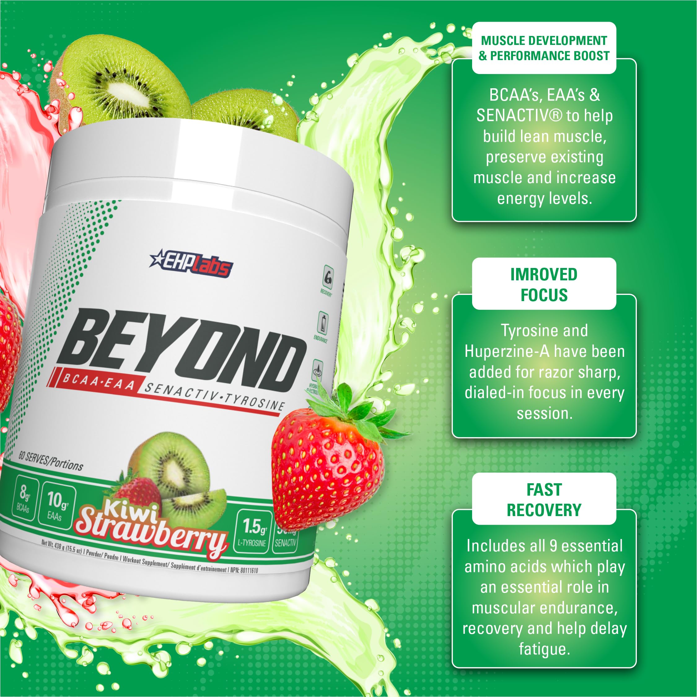EHP Labs Beyond BCAA Powder - Post Workout Recovery Supplement with Essential Amino Acids (EAA) for Muscle Growth & Recovery - 60 Servings Kiwi Strawberry Flavor - Ideal for Gym, Fitness & Athletic Performance
