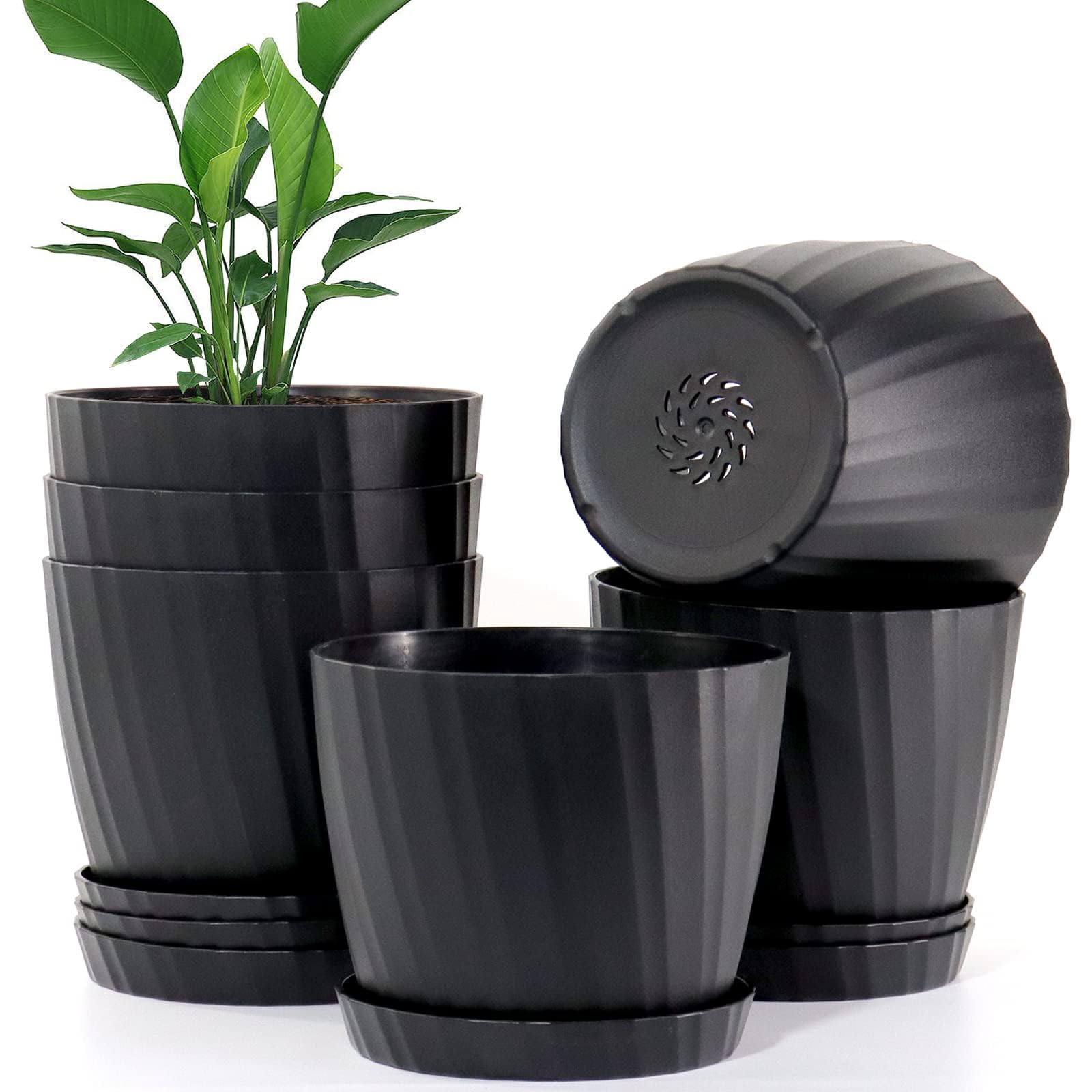 7 Inch Plastic Plant Pots Bulk 6 Pack - Indoor Outdoor Flower Planters with Drainage Holes & Saucers for House Plants, Succulents, Herbs - Perfect for Home Garden, Balcony Decor, Office Greenery
