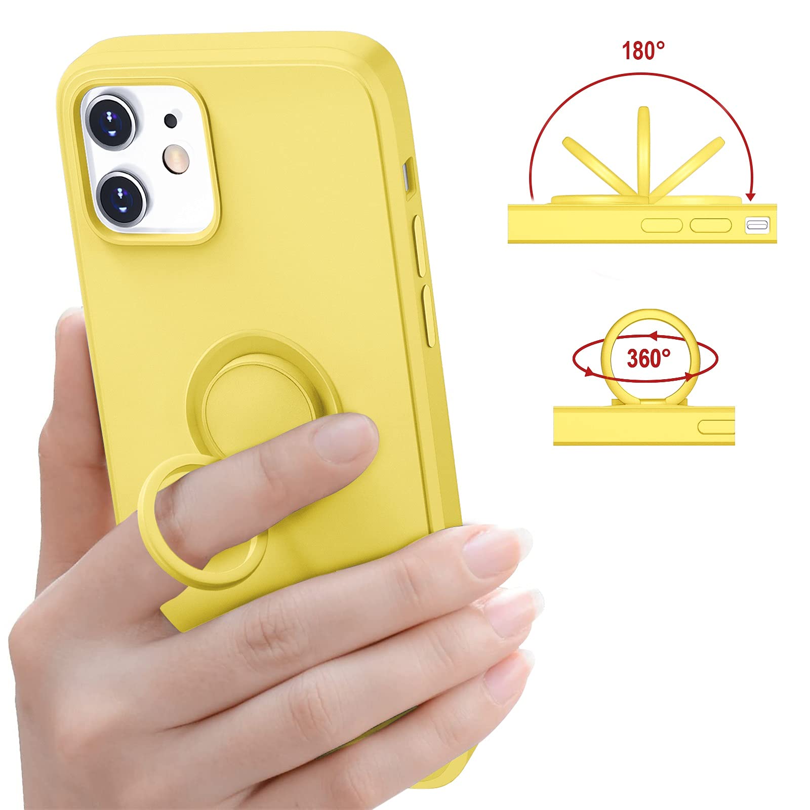 Hython Shockproof Magnetic Phone Case for iPhone 12 & 12 Pro - 360° Rotatable Ring Stand with Kickstand, Anti-Slip Rubber Protection & Microfiber Lining (Yellow) | Perfect for Workouts, Travel & Hands-Free Viewing