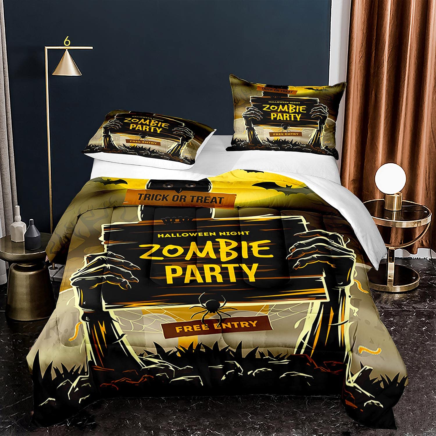 Halloween Queen Size Comforter Set - Zombie Party Bedding with 1 Comforter & 2 Pillow Shams for Trick or Treat Decor | Spooky Bedroom & Dorm Room Theme