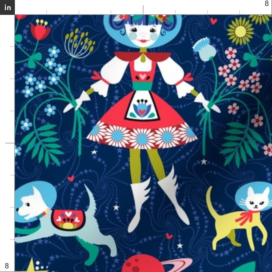 Folk Art Scandinavian Space Dogs Cat Planets Moon Print Velvet Upholstery Fabric by The Yard - Home Decor, Apparel & DIY Projects | Perfect for Curtains, Pillows, Sofas & Crafting
