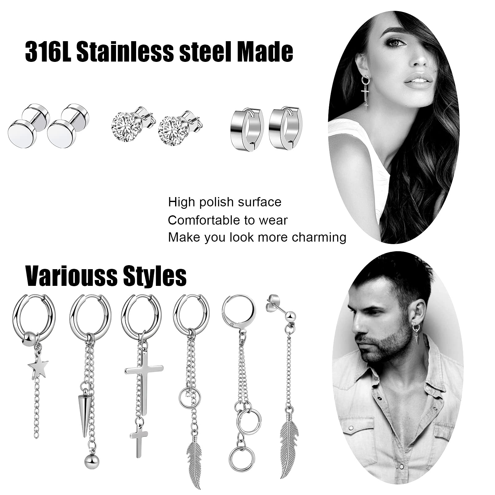 24-Piece Stainless Steel Cross Hinged Hoop Dangle Earrings for Men & Women - Trendy Unisex Jewelry for Parties, Gifts & Everyday Wear