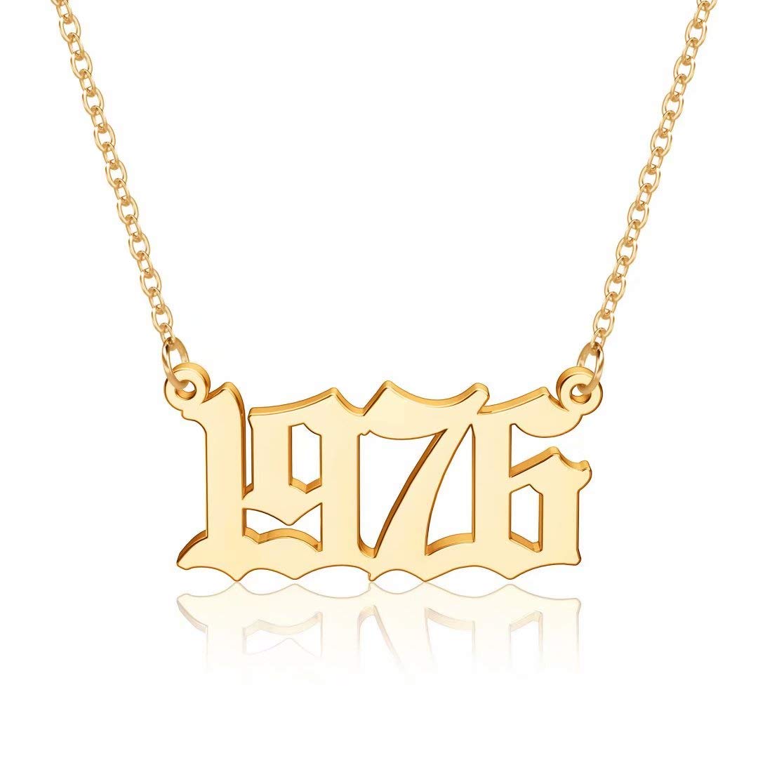 18K Gold Plated Old English Birth Year Number Pendant Necklace for Women - Personalized Jewelry Gift for Birthday, Anniversary (1970-2021) | Elegant Layering Necklace for Everyday Wear & Special Occasions