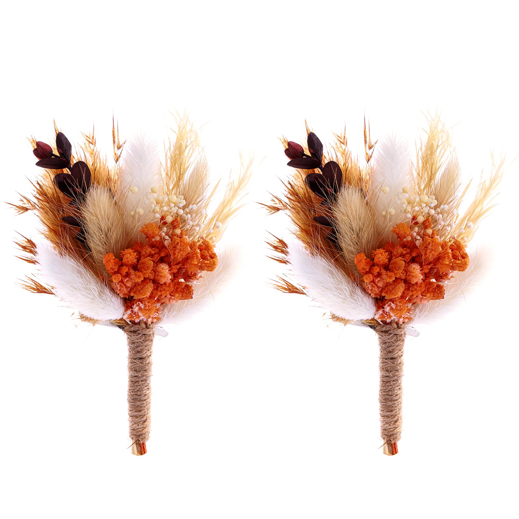 Natural Dried Flowers Boutonniere Set of 2 for Men - Boho Wedding Groom & Groomsmen Boutonnieres for Ceremonies, Anniversaries, Formal Dinners & Fall Vintage Weddings (Orange-03) - Perfect for Rustic, Autumn & Boho-Themed Events