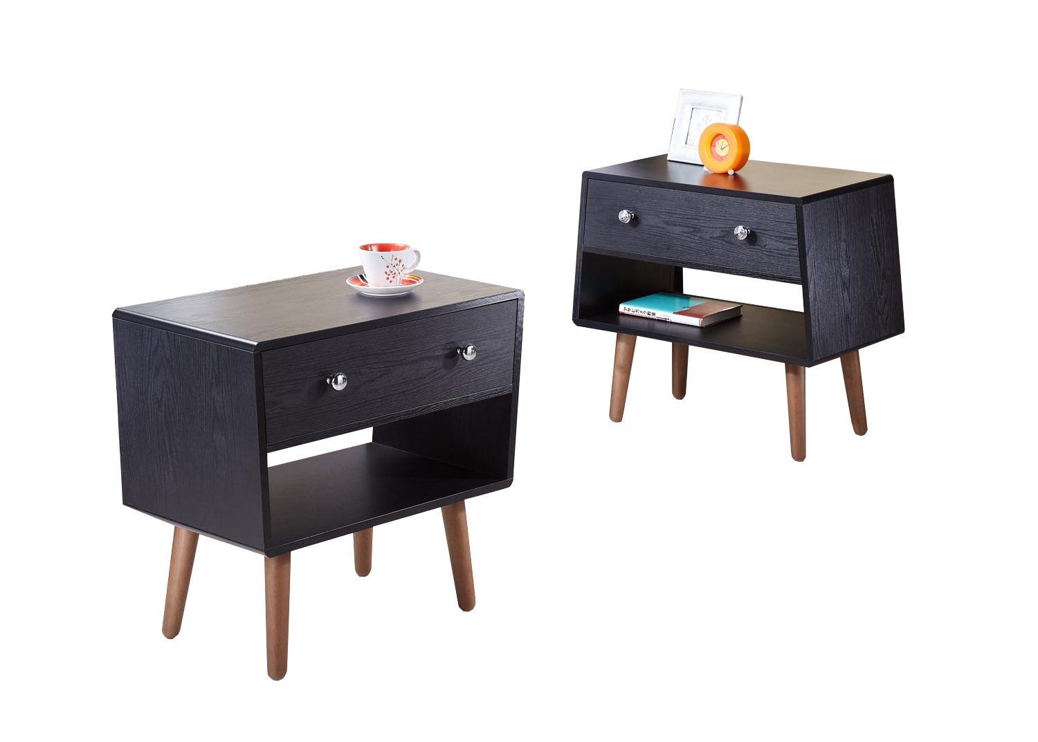 ioHOMES Modern 1-Drawer Nightstand Set of 2, Black Wood Bedside Table with Storage - Perfect for Bedroom, Living Room, or Office Use