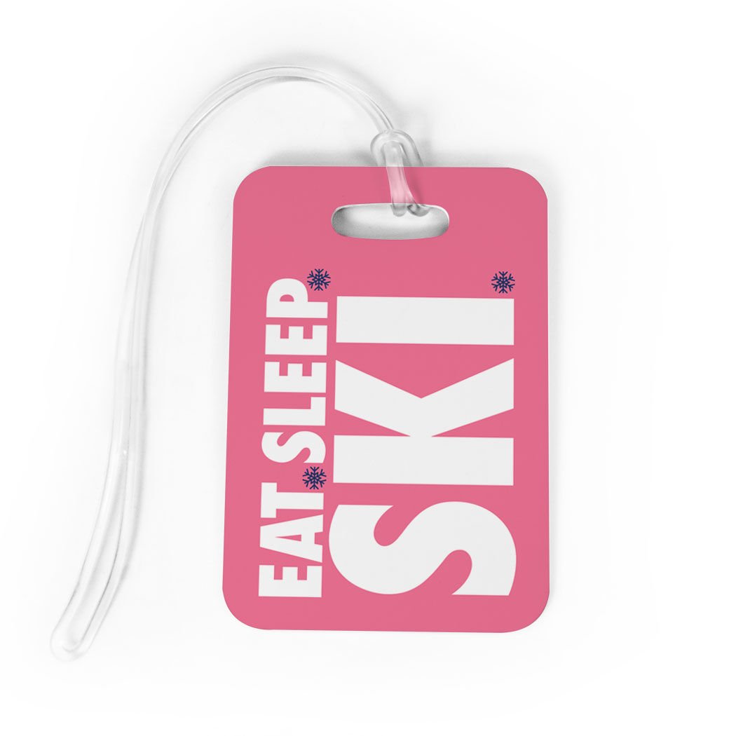 Custom Ski Luggage Tag - Eat Sleep Ski Design with Personal Info on Back - Medium Size Pink Ski Bag Tag for Travel & Winter Sports Gear