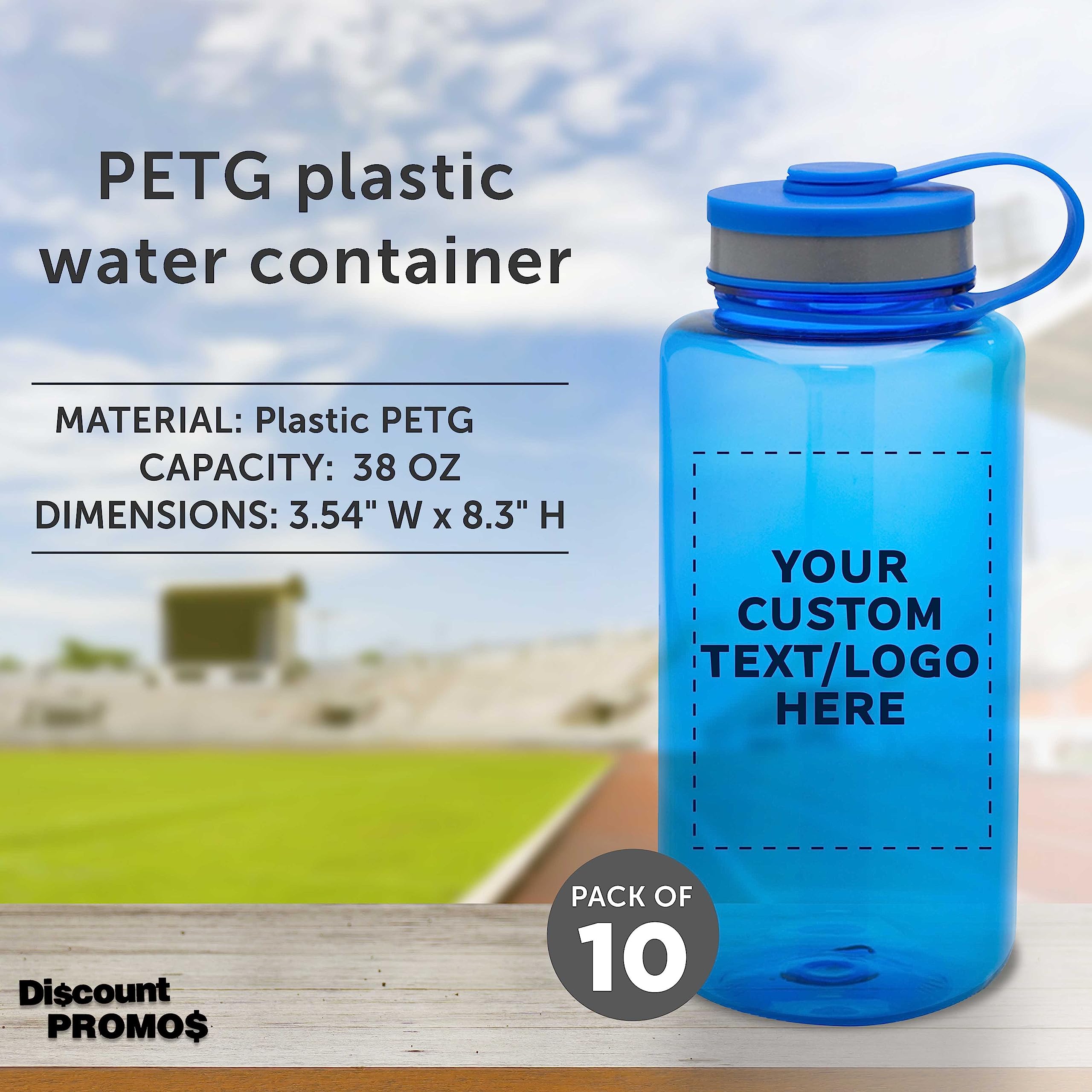 Custom 38 oz Plastic Sports Water Bottles with Flip Lid - Bulk Pack of 10, Personalized & Reusable - Perfect for Gym, Hiking, Cycling, Camping, Backpacking & School - Durable BPA-Free Bottles for Sports & Outdoor Activities - Blue