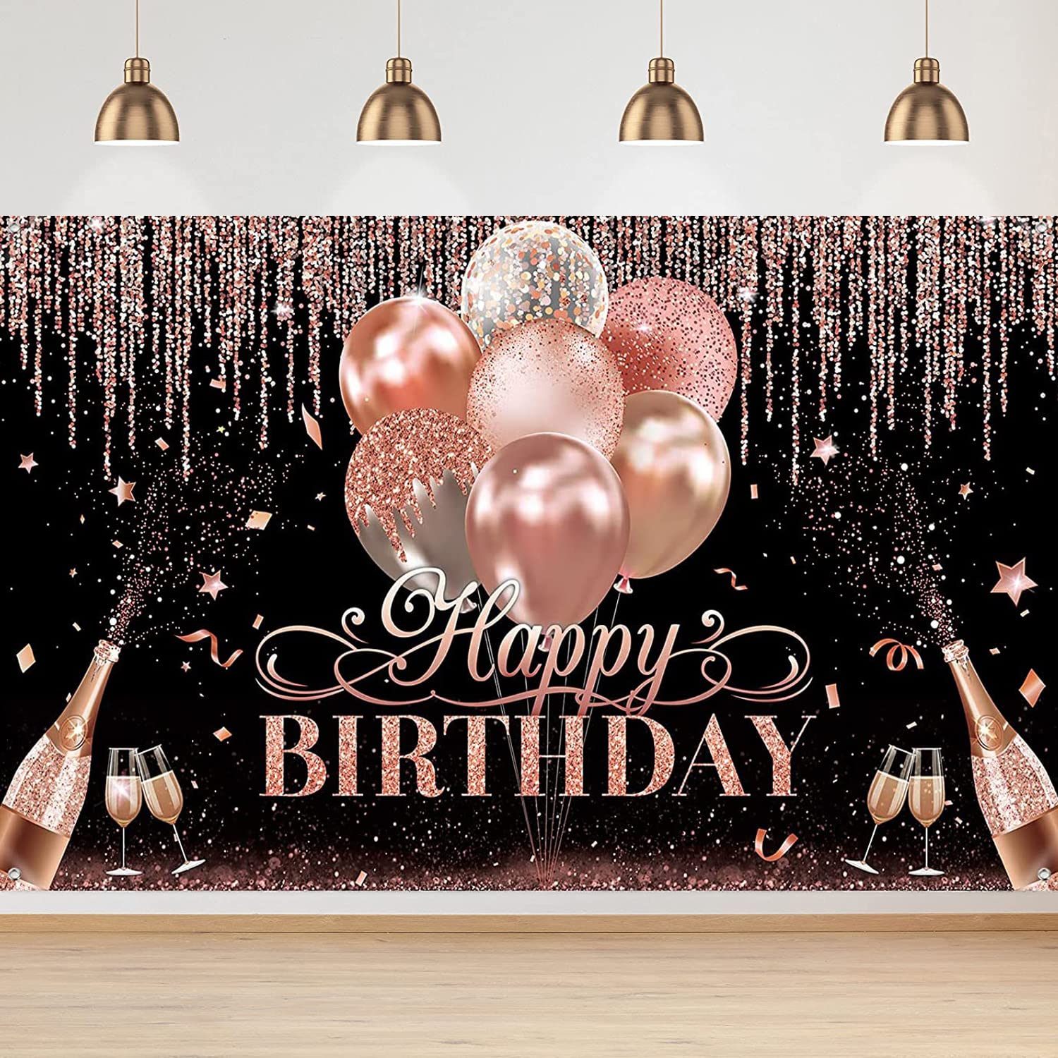Rose Gold Happy Birthday Backdrop with Glitter Balloons - Elegant Party Decor for Women, Girls, Baby Showers & Photography Background - Perfect for Birthday Celebrations, Gender Reveals & Special Events