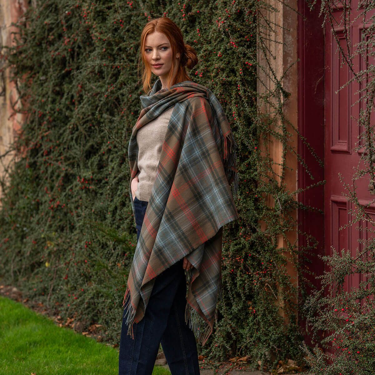 Alice Lochcarron Hunting Weathered Tartan Lambswool Serape Wrap - Warm Scottish Plaid Shawl for Outdoor Adventures, Camping & Cozy Winter Wear