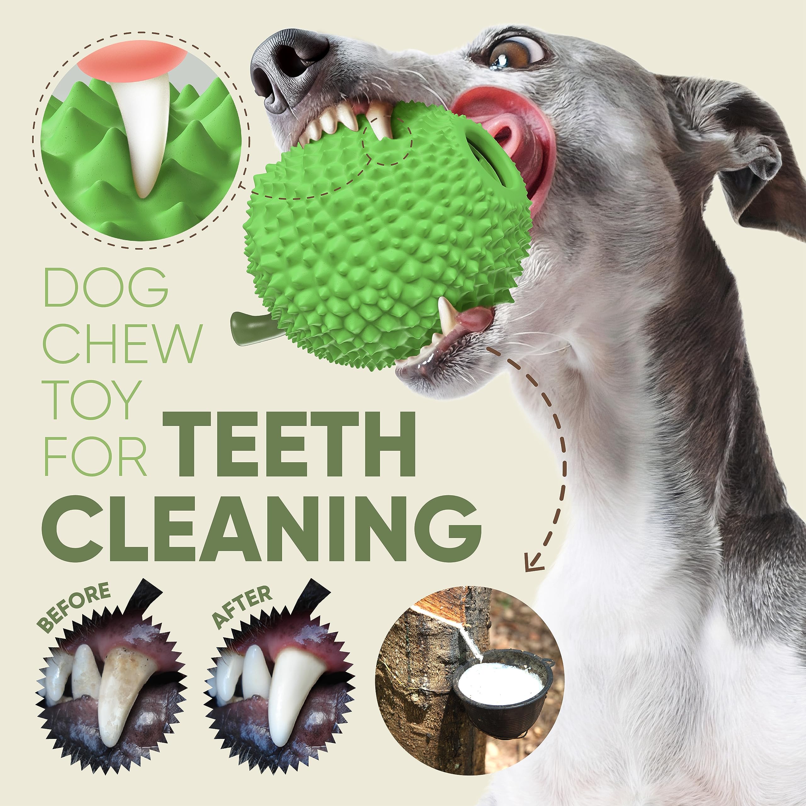Indestructible Squeaky Dog Chew Toys for Large Breeds - Natural Rubber Treat Dispensing Puzzle Ball for Aggressive Chewers (DurianBall-Green) - Perfect for Interactive Play, Training Rewards & Mental Stimulation