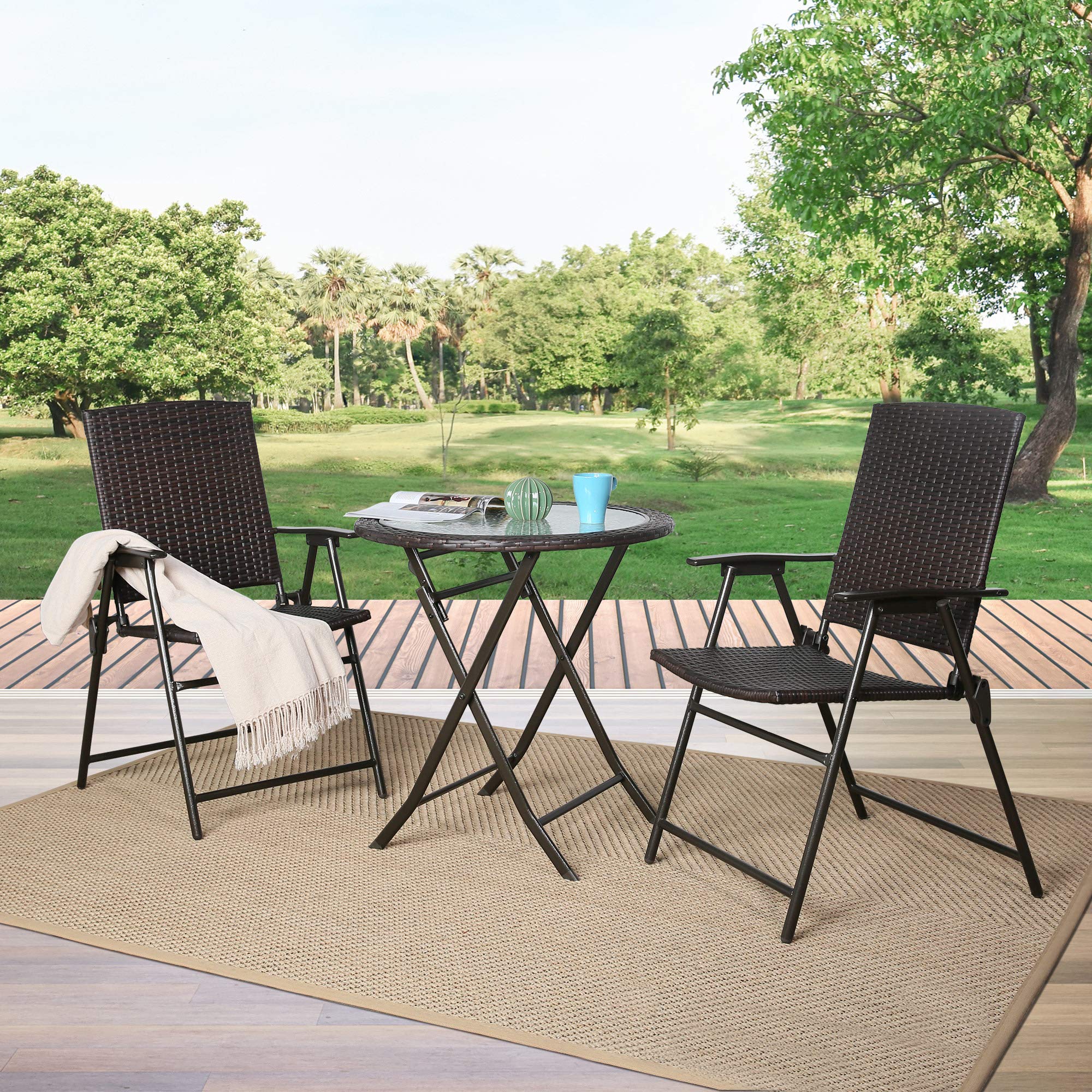 3-Piece Outdoor Bistro Set - All-Weather Patio Furniture with 2 Rattan Folding Chairs & Tempered Glass Table - Perfect for Garden, Balcony, Poolside & Backyard Relaxation