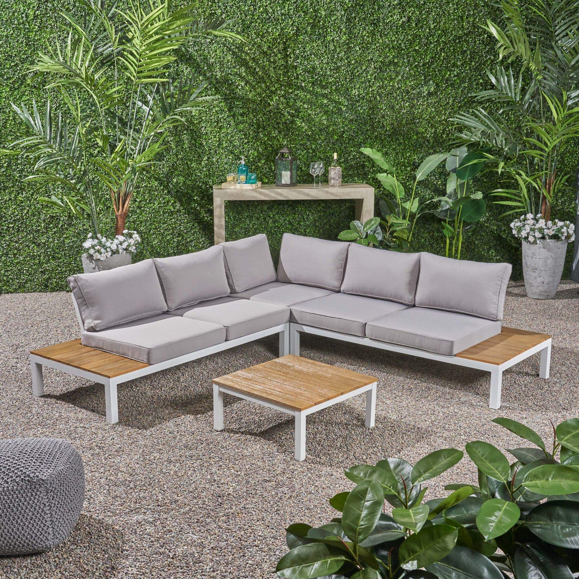 Modern 4-Piece Light Gray Aluminum & Wood Patio Furniture Set with White Cushions - Outdoor Sofa Sectional for Garden, Poolside & Backyard Relaxation