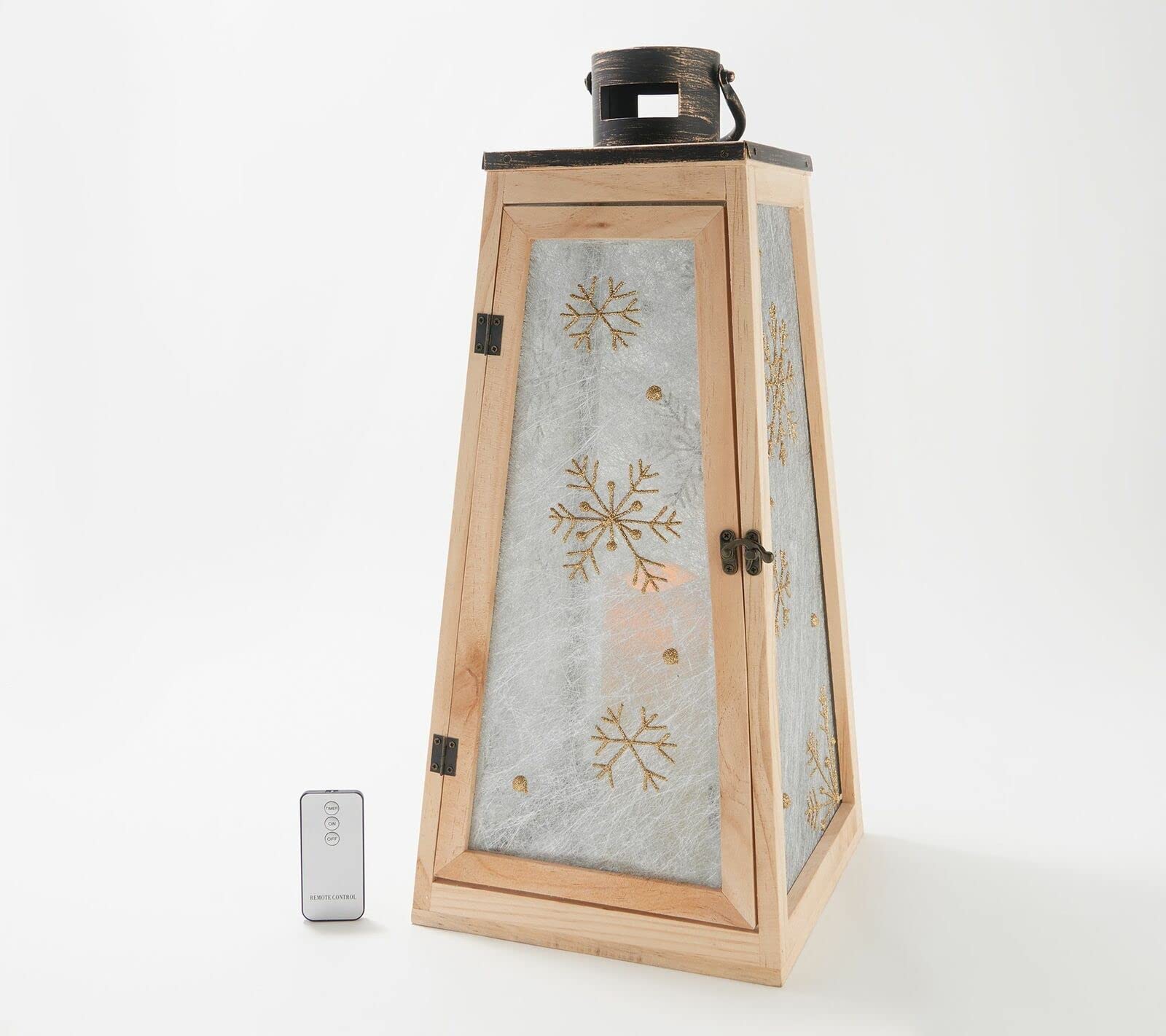 Lightscapes 21-Inch Snowflake Wood Lantern with Flameless Candle & Remote Control - Perfect for Christmas Decor, Winter Weddings, and Cozy Indoor/Outdoor Lighting