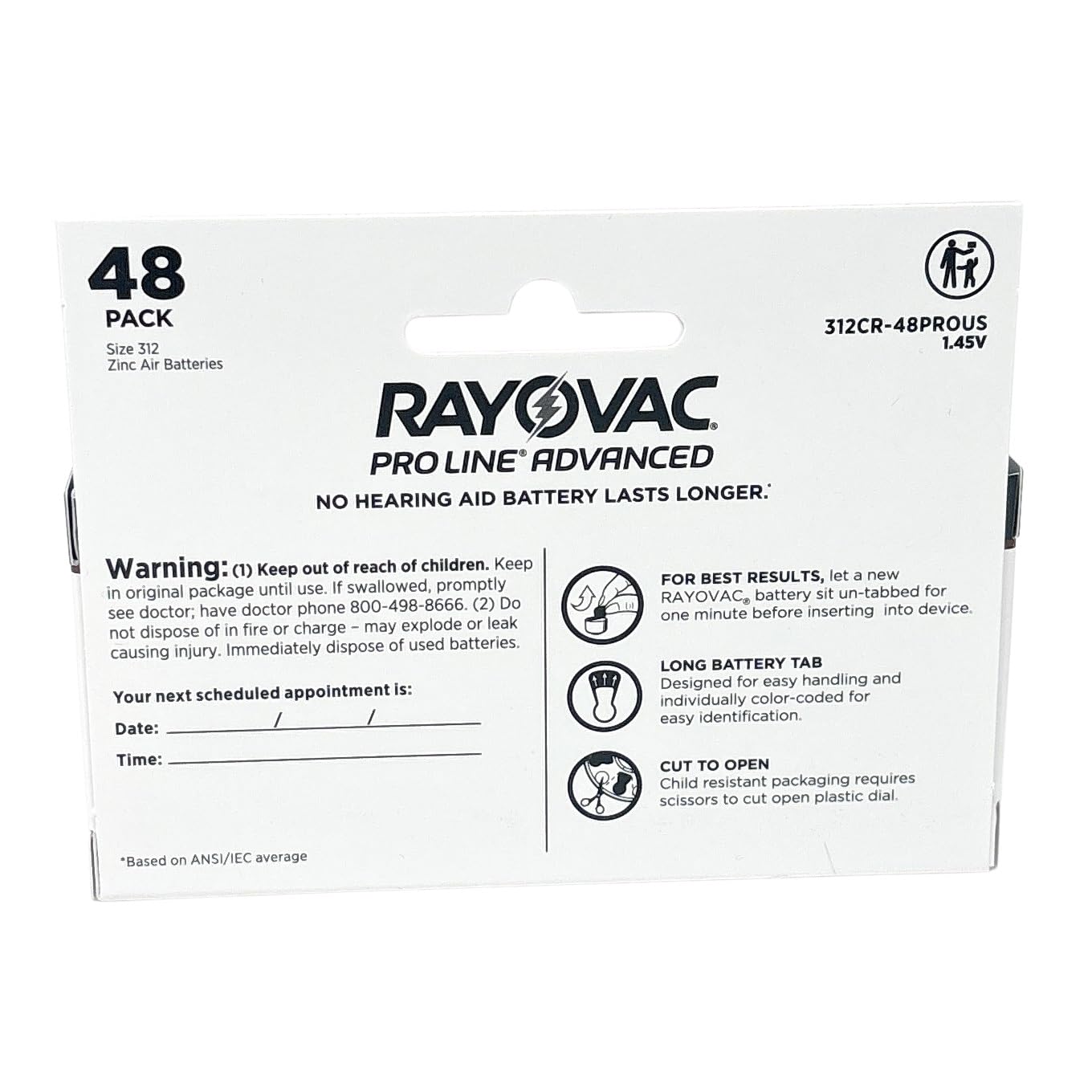 Rayovac Proline Advanced Hearing Aid Batteries Size 312 - 48 Pack | Longest Lasting Hearing Aid Battery | Child-Safe Packaging | Perfect for Travel & Daily Use