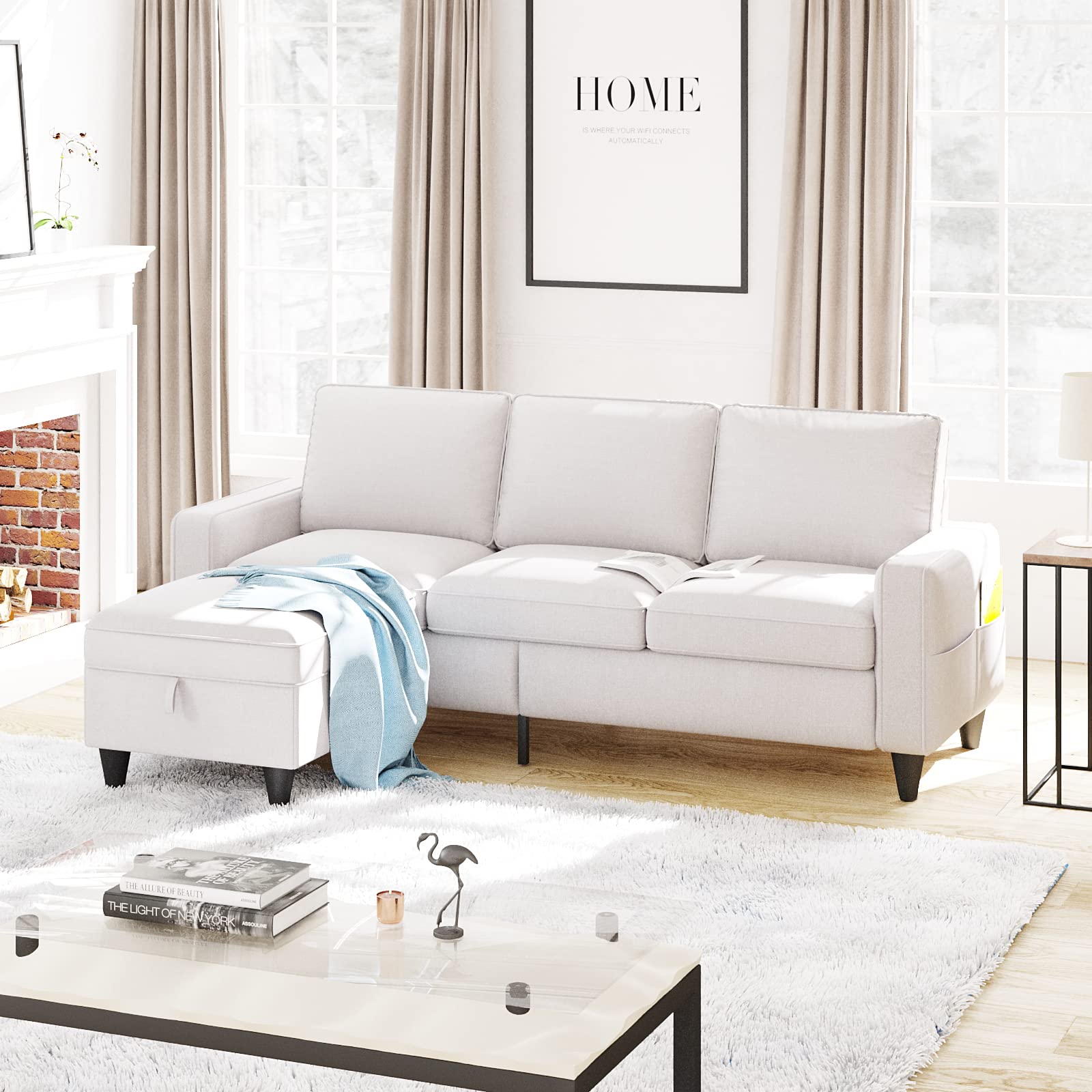 Convertible L-Shaped Sectional Sofa with Storage Ottoman - 3-Seat Reversible Chaise Couch for Living Room, Bedroom, Office & Small Spaces (Beige) | Perfect for Apartments, Dorms & Home Theater Seating
